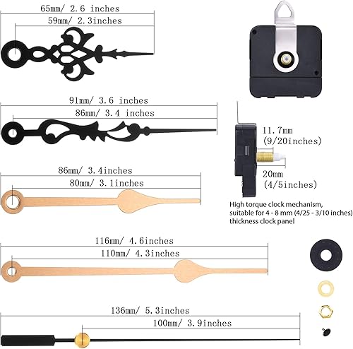 Miniatura 9 de 2 pares de manecillas de cuarzo movimiento reloj de pared DIY mecanismo de movimiento reloj de reparación piezas de repuesto (longitud del eje 45