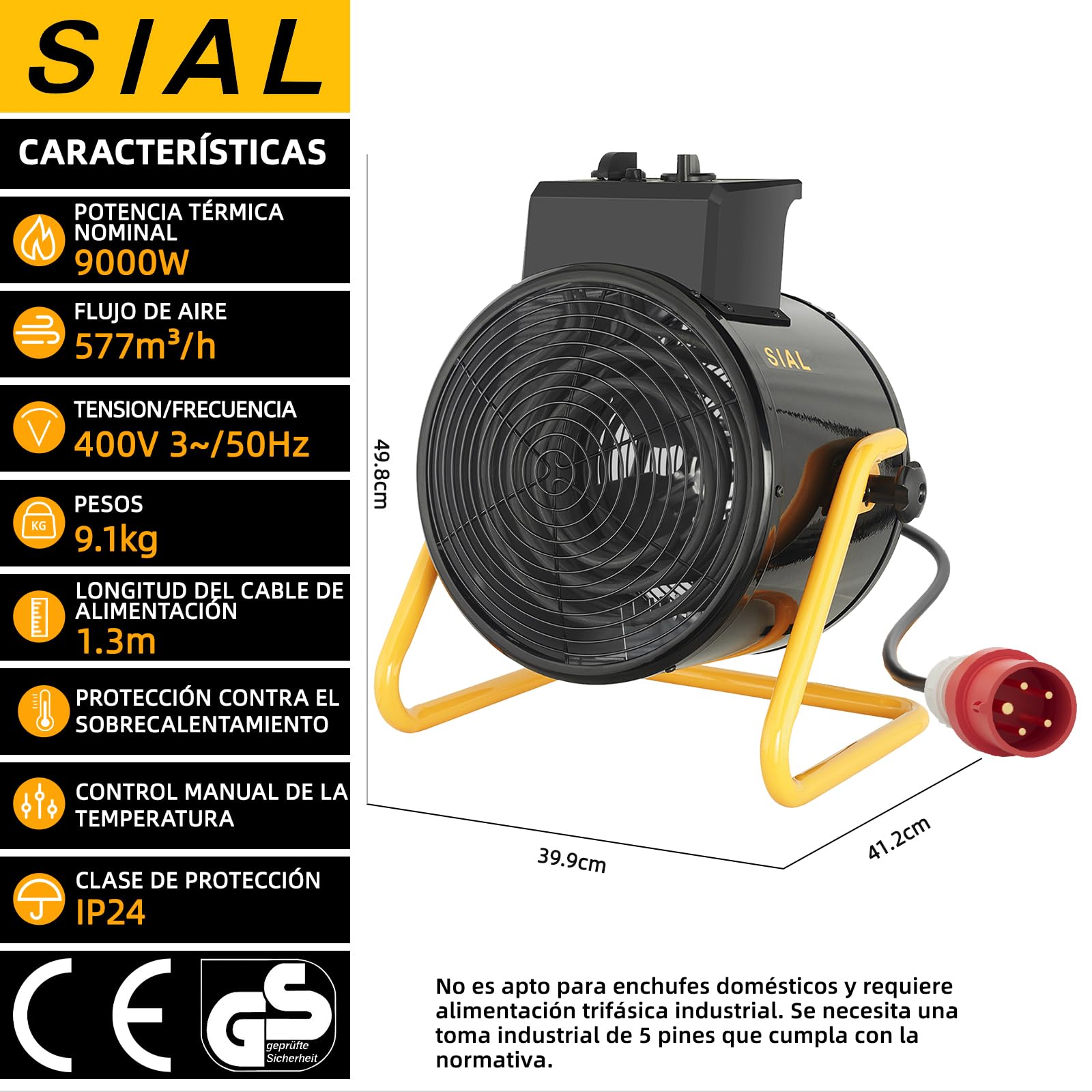 SIAL Termoventilador Industrial 9000W, 400V - Calentador Eléctrico - Calentador Radiante Calentador de Construcción - Calefactor para Garajes, Talleres, Obras - D9 - Negro