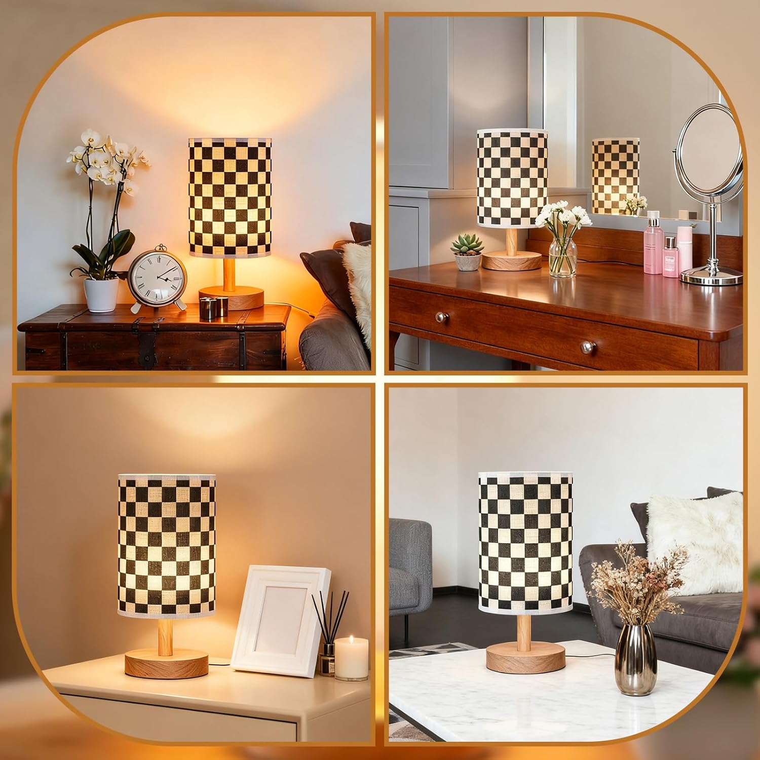 Baquler Bedside Lamp for Bedroom Black White Checkered Table Lamp with USB Racing Birthday Party Gifts Wood Base Round Flaxen Fabric Shade for Desk Living Room Office Classroom