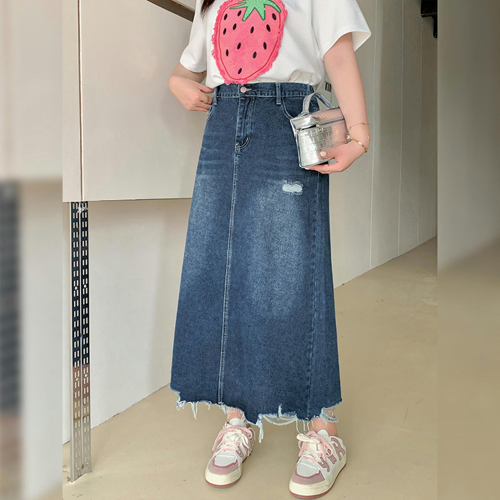 Ropa de Mujer de Talla Grande de Primavera Falda Vaquera Rasgada para niñas gordas - Azul - 2XL