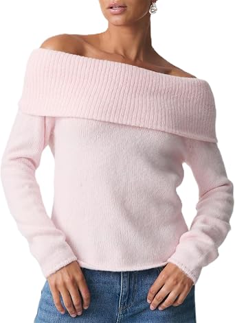 Women Off The Shoulder Sweater Y2k Long Sleeve Boat Neck Knit Cropped Pullover Tops Fall Trendy Going Out Streetwear