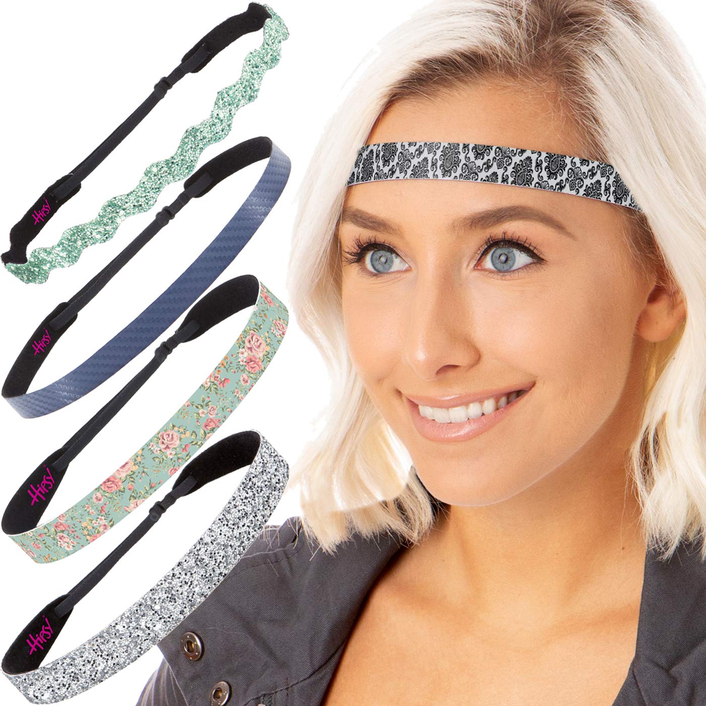 Hipsy Women's Adjustable No Slip Classy Headband Multi 5-Pack (Silver/Mint Floral/Navy/Seafoam/Grey)