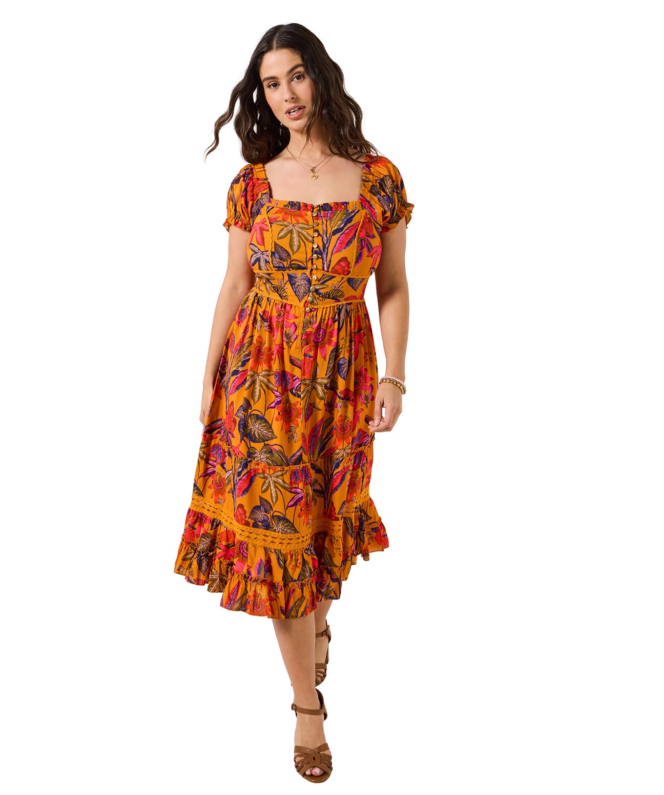 Joe Browns Women's Sweetheart Neckline Tropical Print Dress, Slim, Orange, UK 10