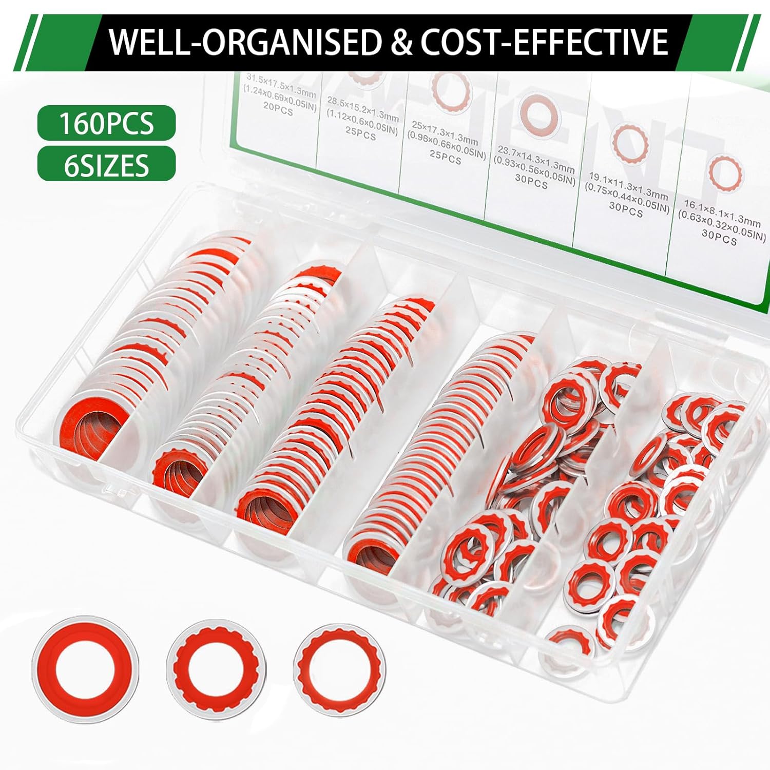 160PCS Air Conditioning System Compressor Seal Washers Assortment Kit, 6 Sizes Automotive A/C Compressor Port Bonded Seal Gasket Kit (Red)