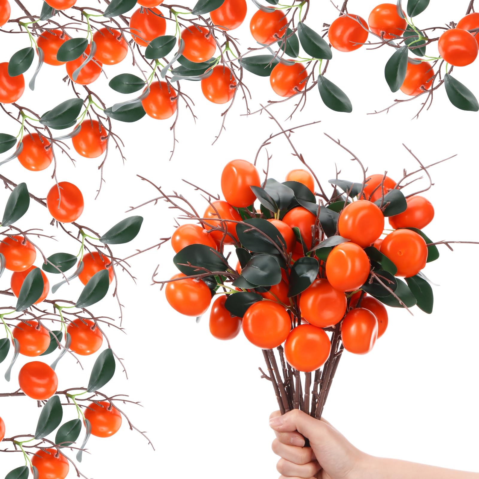 Daifunli 16 Pcs Artificial Orange Branches 17.72 Inch Simulation Fake Tangerine Branches Lifelike Faux Oranges Stem with Fruit Fake Greenery for Vase Home Office Party Indoor DIY Decor (2 Oranges)
