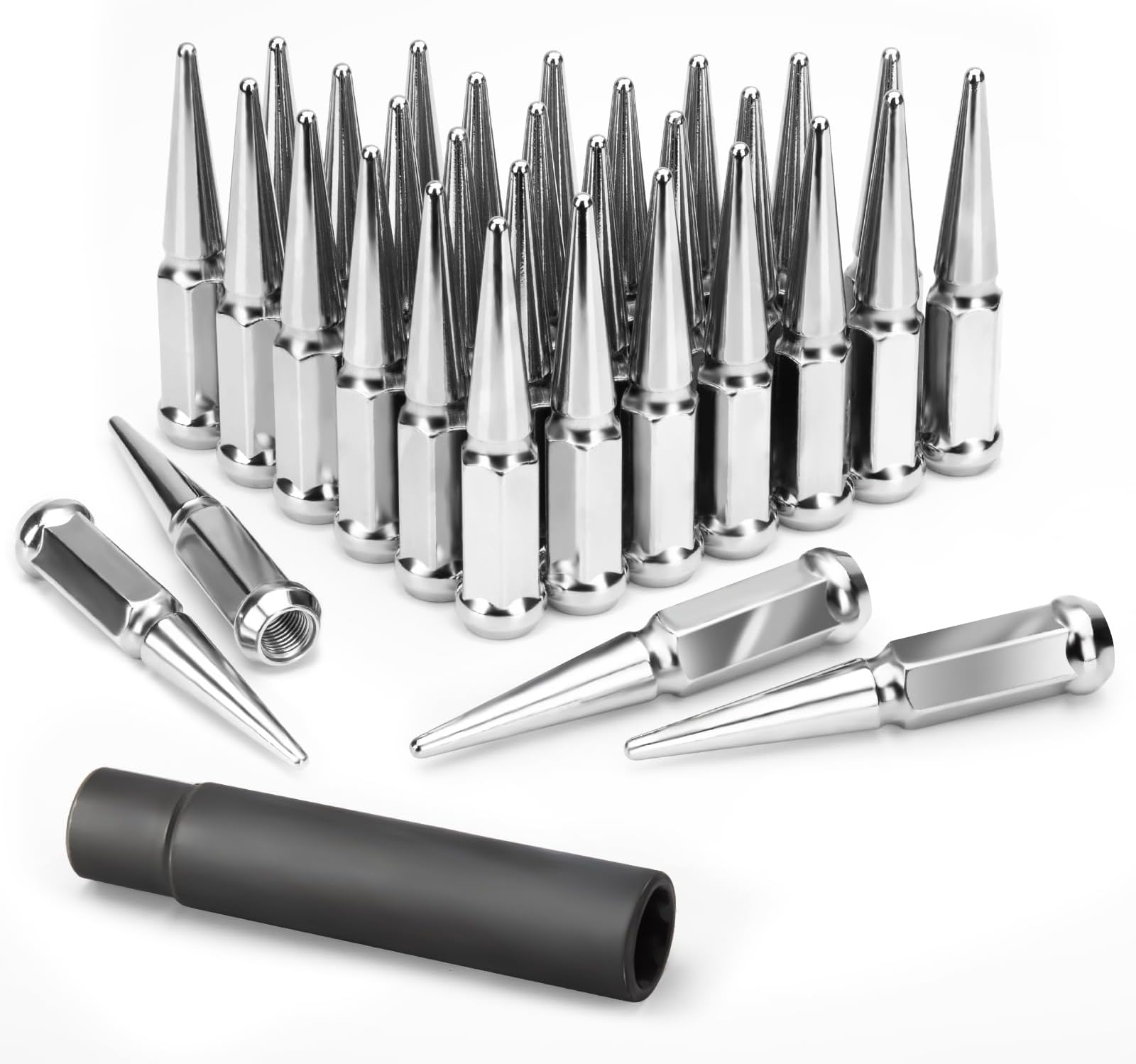 KSP Performance KSP 32 Pc Spike Lug Nuts 9/16-18 Thread 4.4" Overall Length Closed End Bulge Acorn Spiked Solid 1 pc Metal Lug Nut Chrome and 1 Long Socket Key for Dodge Ram Ford Heavy Duty After