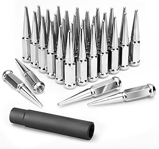 KSP F250 F350 Spiked Lug Nuts 32pcs, 9/16-18" Chrome Spike Lug Nut Compatible with Dodge Ram 2500 3500 1994-2011, 4.4 "Height Bulge Acorn Alloy Steel Spikes Lug Nut with 1 Socket Key for 8x165.1 Rim