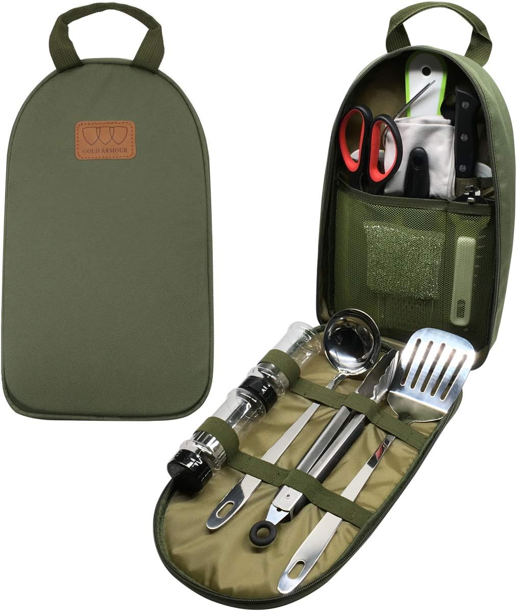Gold Armour Camp Kitchen Utensil Organizer Travel Set Portable BBQ Camping Cookware Stainless Steel Utensils Travel Kit Outdoor Equipment Cutting Board Tongs Scissors Knife Ladle Spatula : Sports & Outdoors