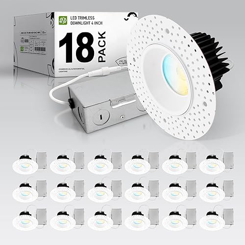 ASD Trimless LED Recessed Lighting 4 Inch, 15W 120-277V Dimmable Commercial Lights with J-Box, 5 CCT 2700K-5000K, CRI 90+, IC Rated, ETL, Energy Star, White, 18 Pack