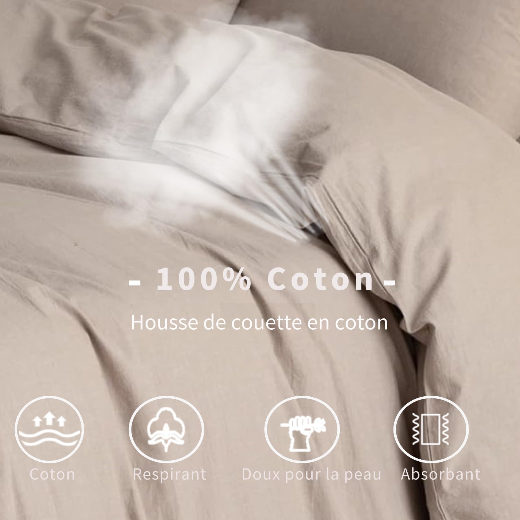 Gezu Parure da letto in cotone, 200 x 200 cm, color crema, marrone, cachi, cotone, certificazione Oeko-TEX include copripiumino in cotone 200 x 200 cm, morbido biancheria da letto con 2 federe 65 x 65