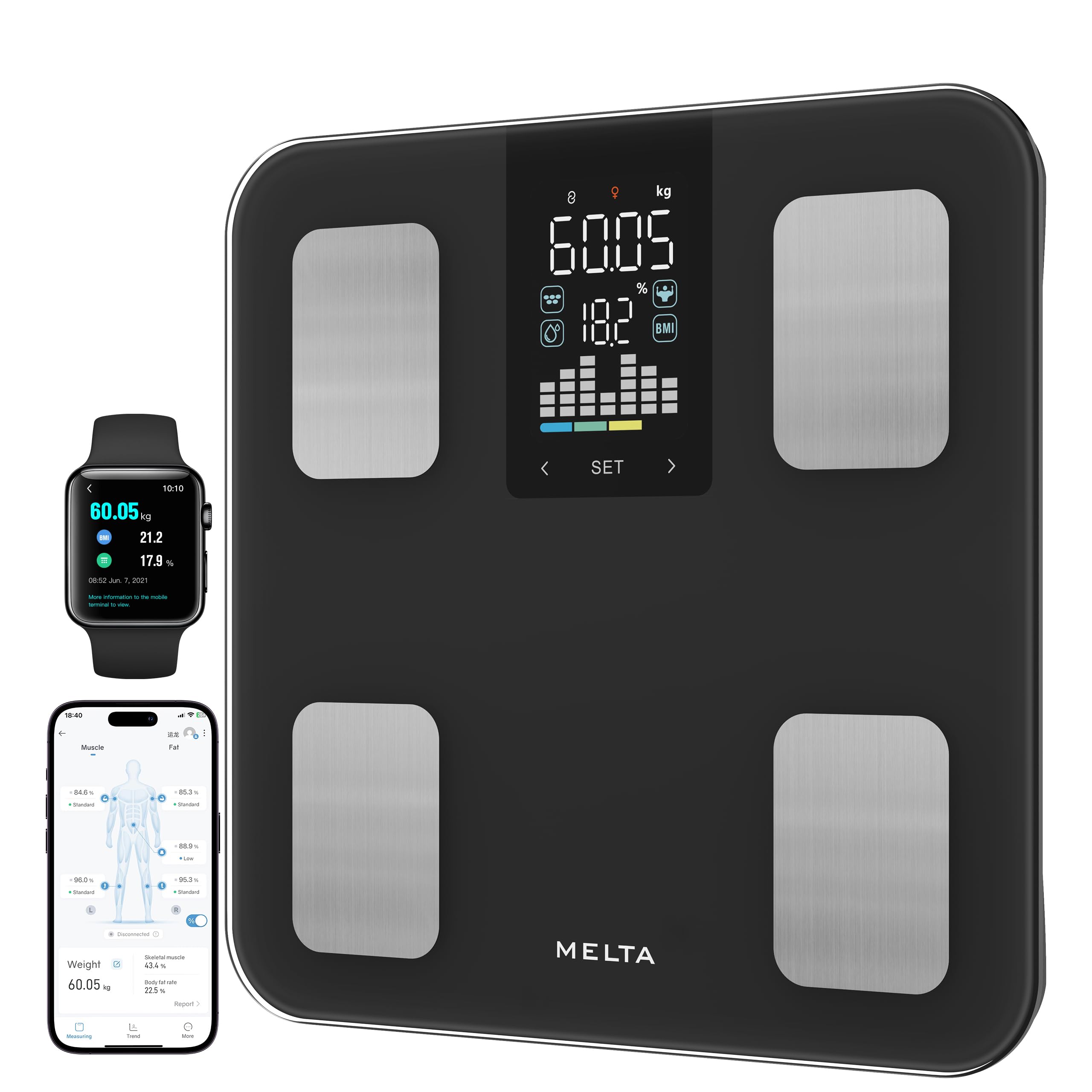Pèse Personne Connecté MELTA. – Impédancemètre 15 Données : IMC, Masse Grasse, Musculaire, Viscérale, Osseuse – Bluetooth & Application Gratuite – Synchronisation Santé – Verre Trempé – 180kg (NOIR)