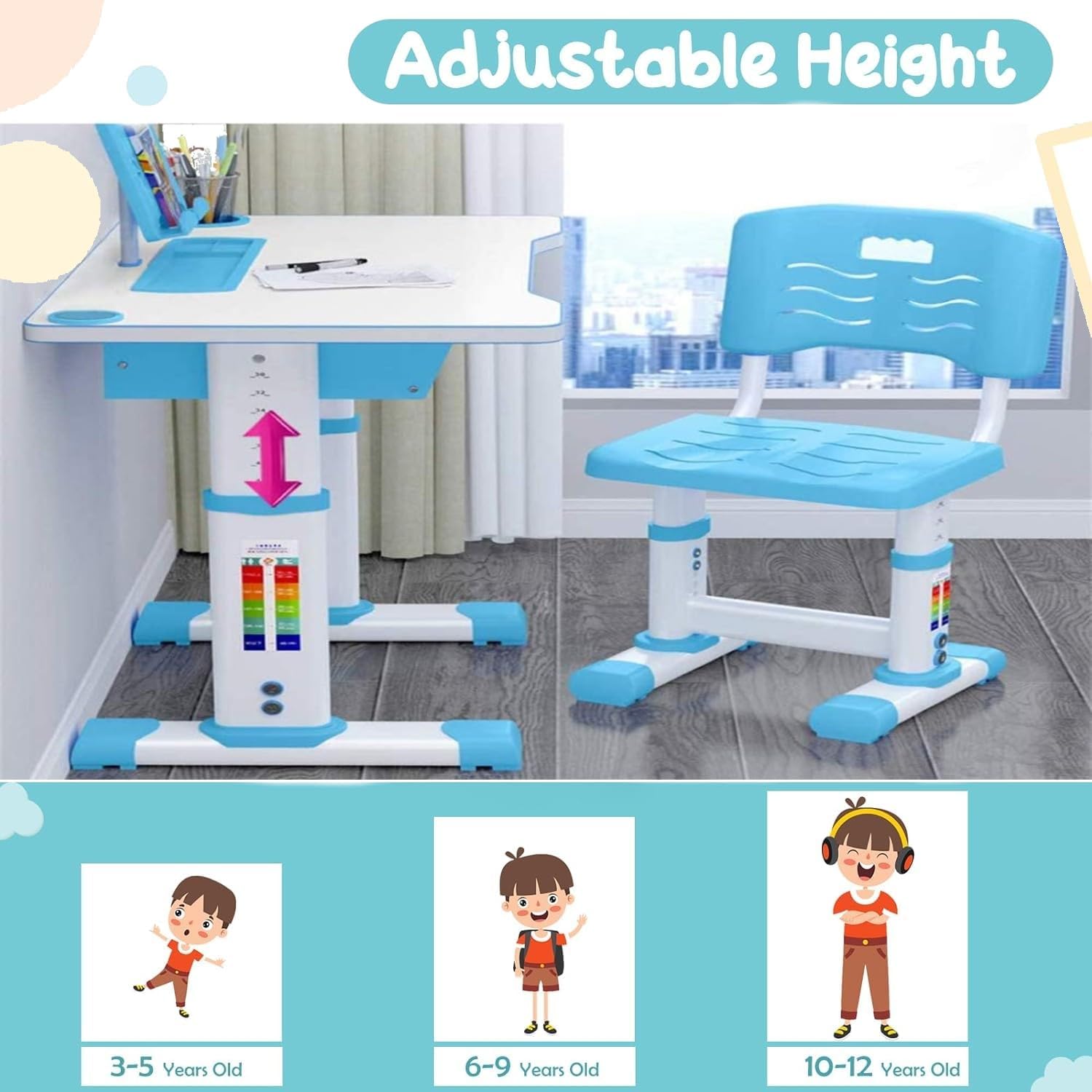 Metreno Height Adjustable Kids Study Table with Chair Set 3to12 Years Drawing Learning Reading Children Study Desk with Book Holder and Storage Kids Functional Desk and Chair - Image 3 thumbnail