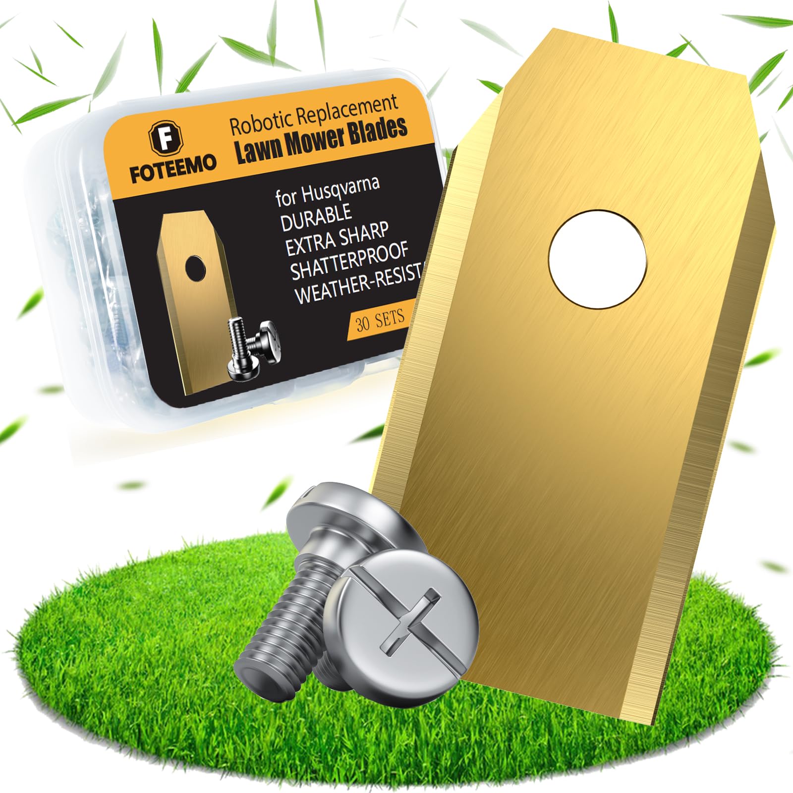 FOTEEMO Robot Mower Blades Compatible with Husqvarna, Lawn Mower Robot Blade Compatible with Gardena, Navimow Lawn Mower Blades, Titanium Coated Robotic Lawnmower Replacement Blades, 30Pcs