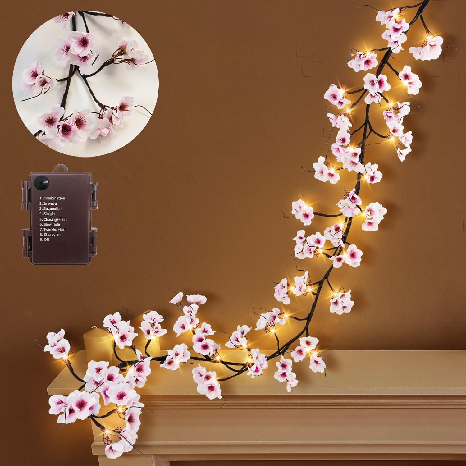 Uieke Lighted Cherry Blossom Garland with Timer 48 LED Fairy Lights 6FT for Mantle, Artificial Flower Vines with Lights 8 Modes Battery Operated Home Fireplace Wedding Party Room Decor