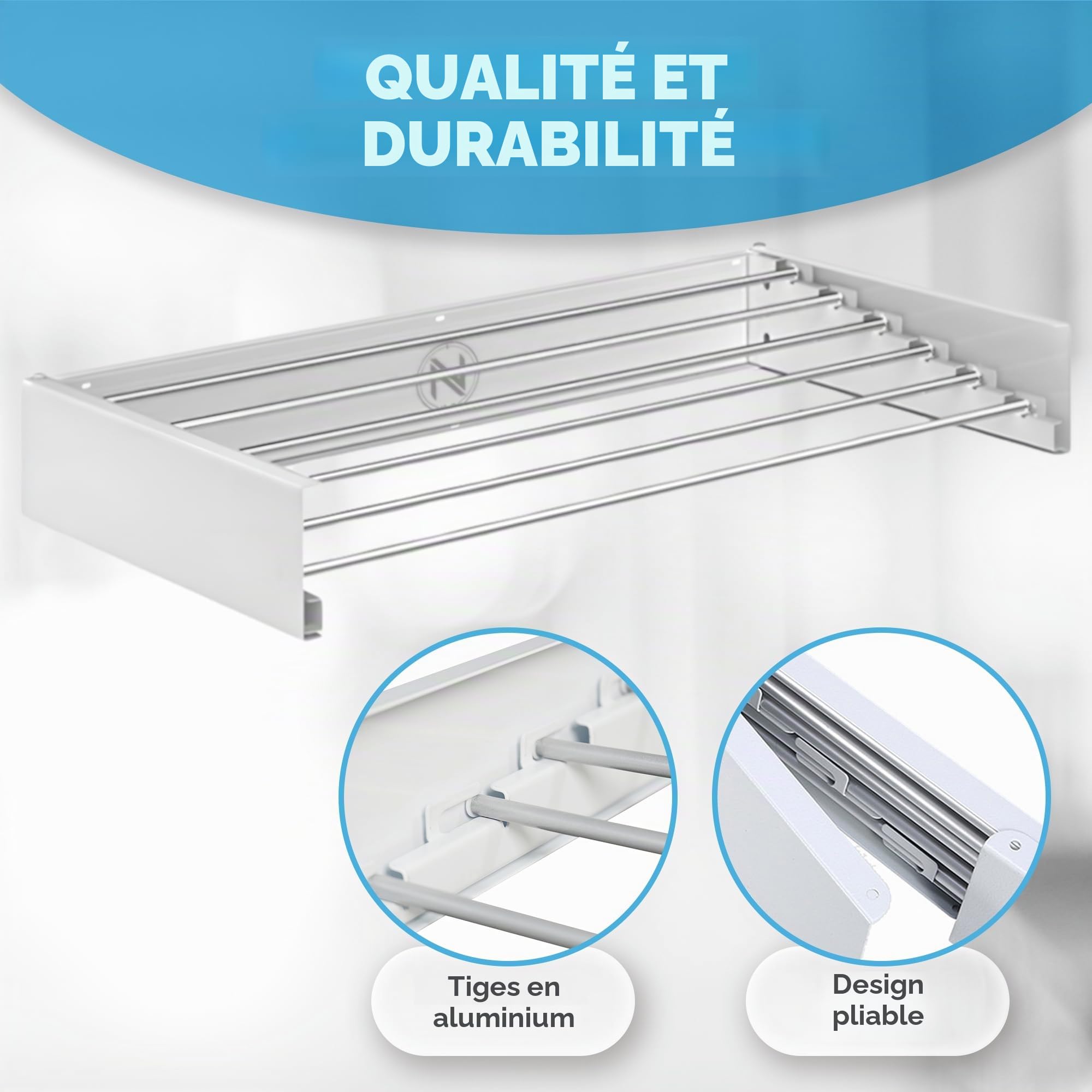 N 18.28 - Étendoir extensible mural rétractable - Étendoir pliable mural pour intérieur ou extérieur - Économie d'espace - Compact - 35 kg de capacité - 6 tiges - 100 cm (blanc)
