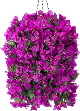 INSPRING Artificial Bougainvillea Faux Flowers Plants Baskets for Outdoor Outside Decoration, 3PCS Fake Silk Flowers Long Trailing Vines UV Resistant Realistic for Front Door Porch Patio Purple