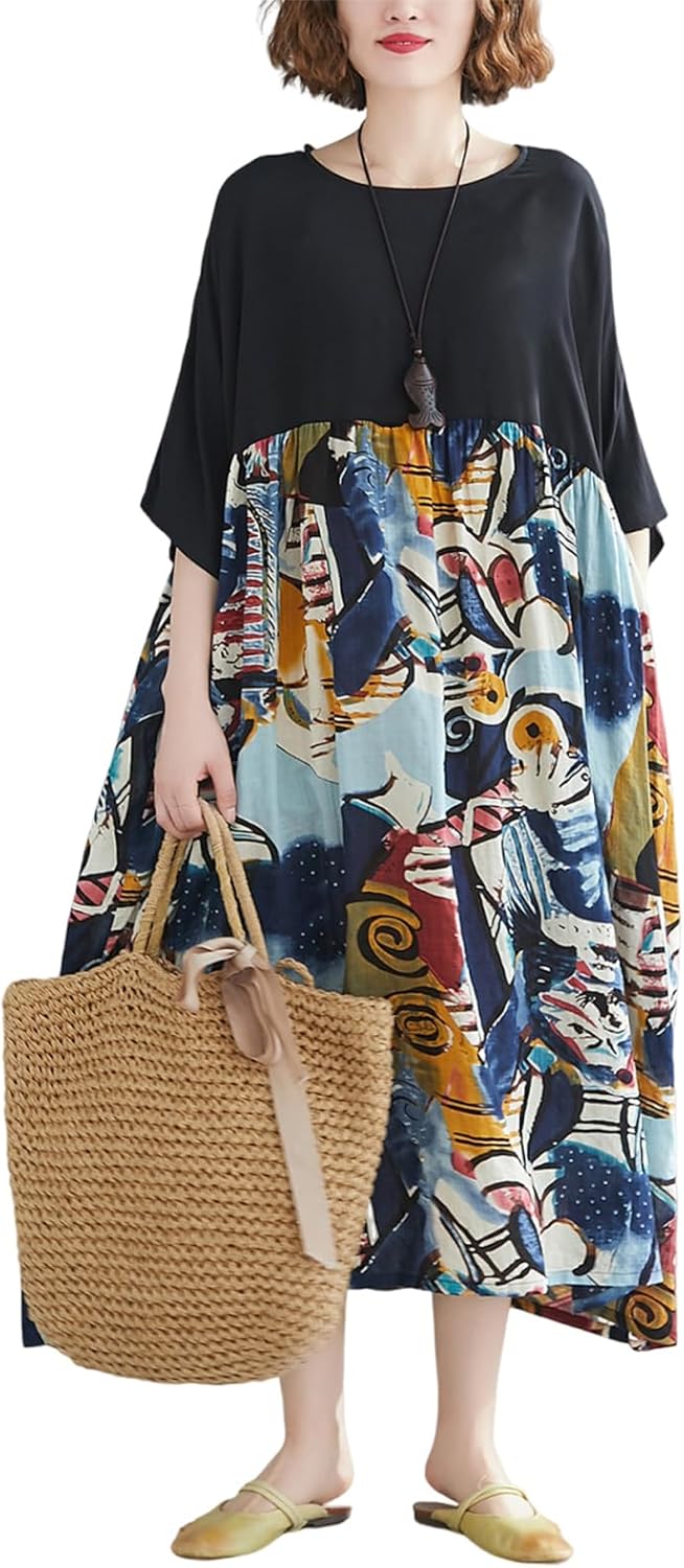 Oversized Dress for Women Loose Fit Plus Size Baggy Dresses Patchwork Cute Artsy Printed O Neck with Pockets Black