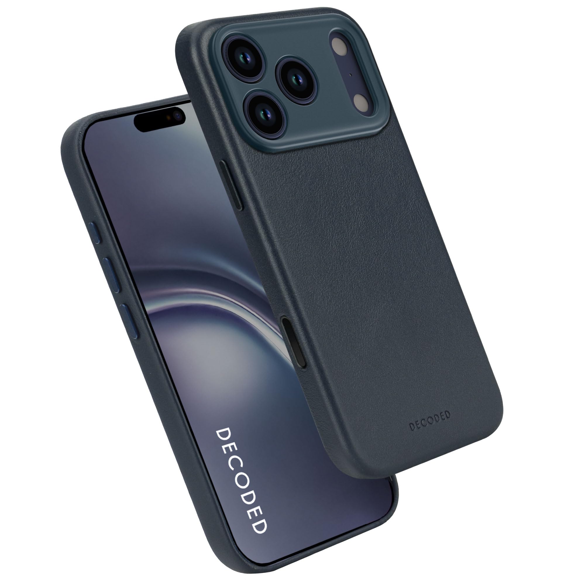 Decoded Lederhülle für iPhone 17 Pro Max, Premium ECCO Leder, MagSafe Kompatibel, Vollständiger Kameraschutz, Metalltasten, Stoßfest, Kratzfest, Glas Kamera Taste, Marineblau