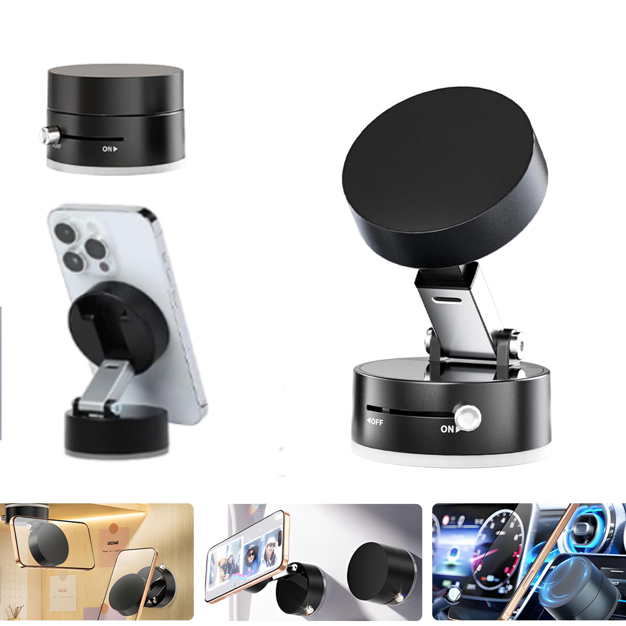 Upgraded Vacuum Suction Magnetic Phone Mount, Adjustable Car Phone Holder for Magsafe compatible with iPhone Android All Smartphone, Magnetic Phone Holder for Car/Gym/Mirror/ Shower/Smooth Surface