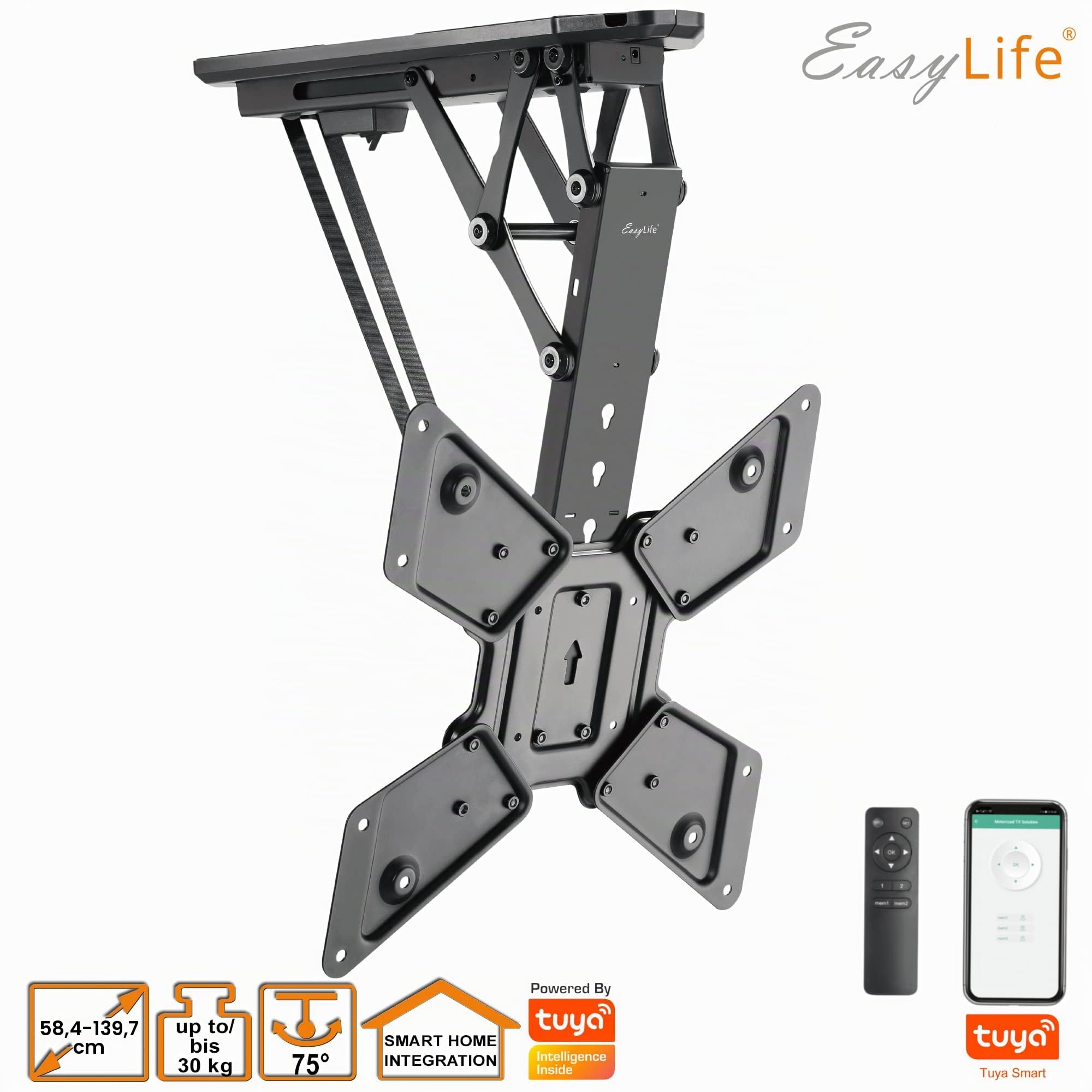EasyLife Supporto da soffitto per TV girevole elettrico + integrazione Smart Home, staffa VESA fino a 400x400 per TV LCD/OLED, Monitor, Display, Smartboard, 23-55 pollici + 30 kg - Nero