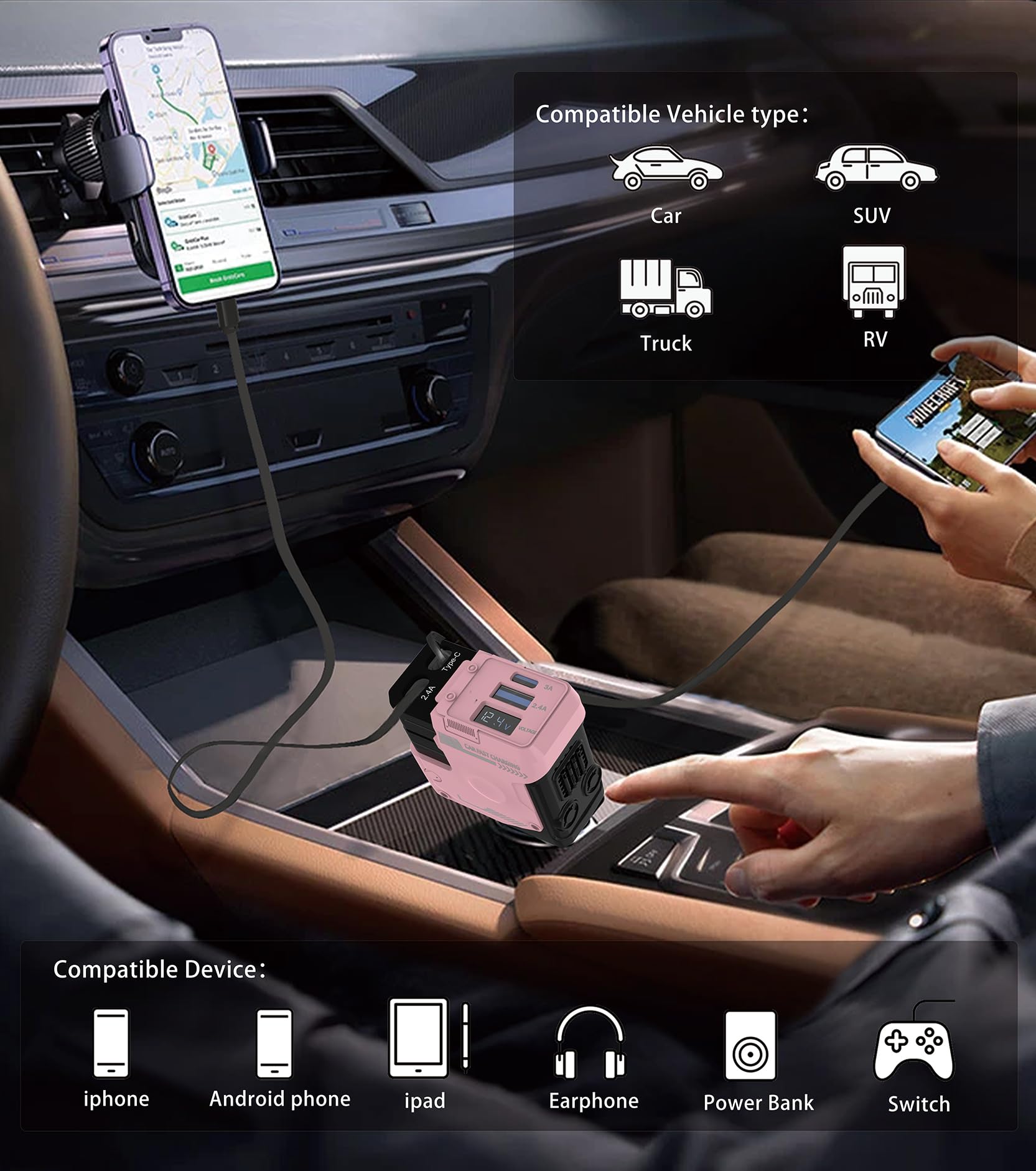 Cargador retráctil para coche, cargador de teléfono retráctil 4 en 1 con carga rápida de 66 W, 2 cables retráctiles y 2 puertos USB-C USB-A compatibles con iPhone 17/16/15/14/13/12, Samsung, Galaxy