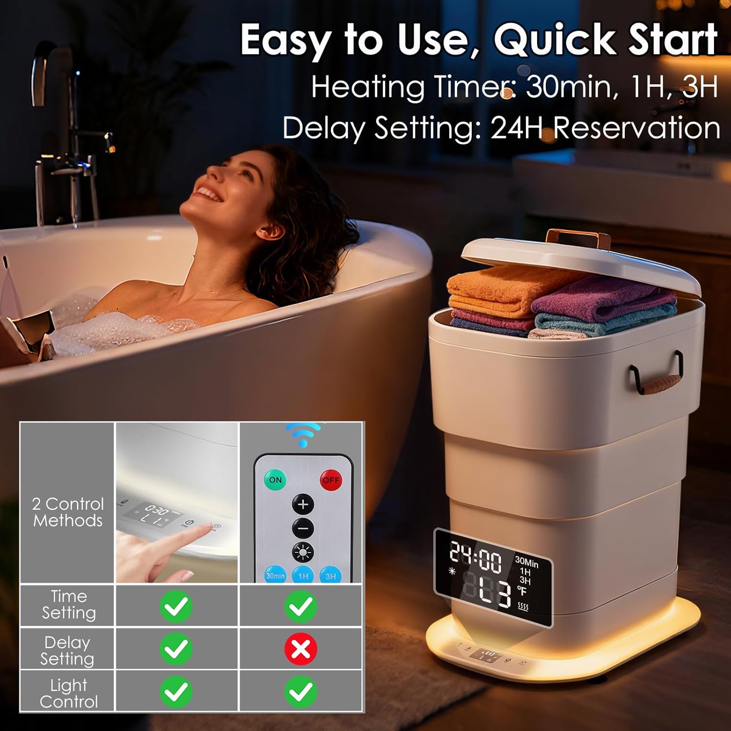 MFTEK 27L Towel Warmer for Bathroom, Foldable Heated Towel Warmers Bucket, Spa-Like Towel Heater with Timer, Auto Shut Off, Ambient Light, Fits Large Towels, Blankets, Bathrobes, Great Gift Idea