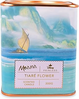 Disney Princess Home Collection Moana 11-Ounce Scented Tea Tin Candle with Tiare Flower Aromatic Fragrance | 28-Hour Burn Time | Home Decor Housewarming Essentials, Cute Gifts and Collectibles