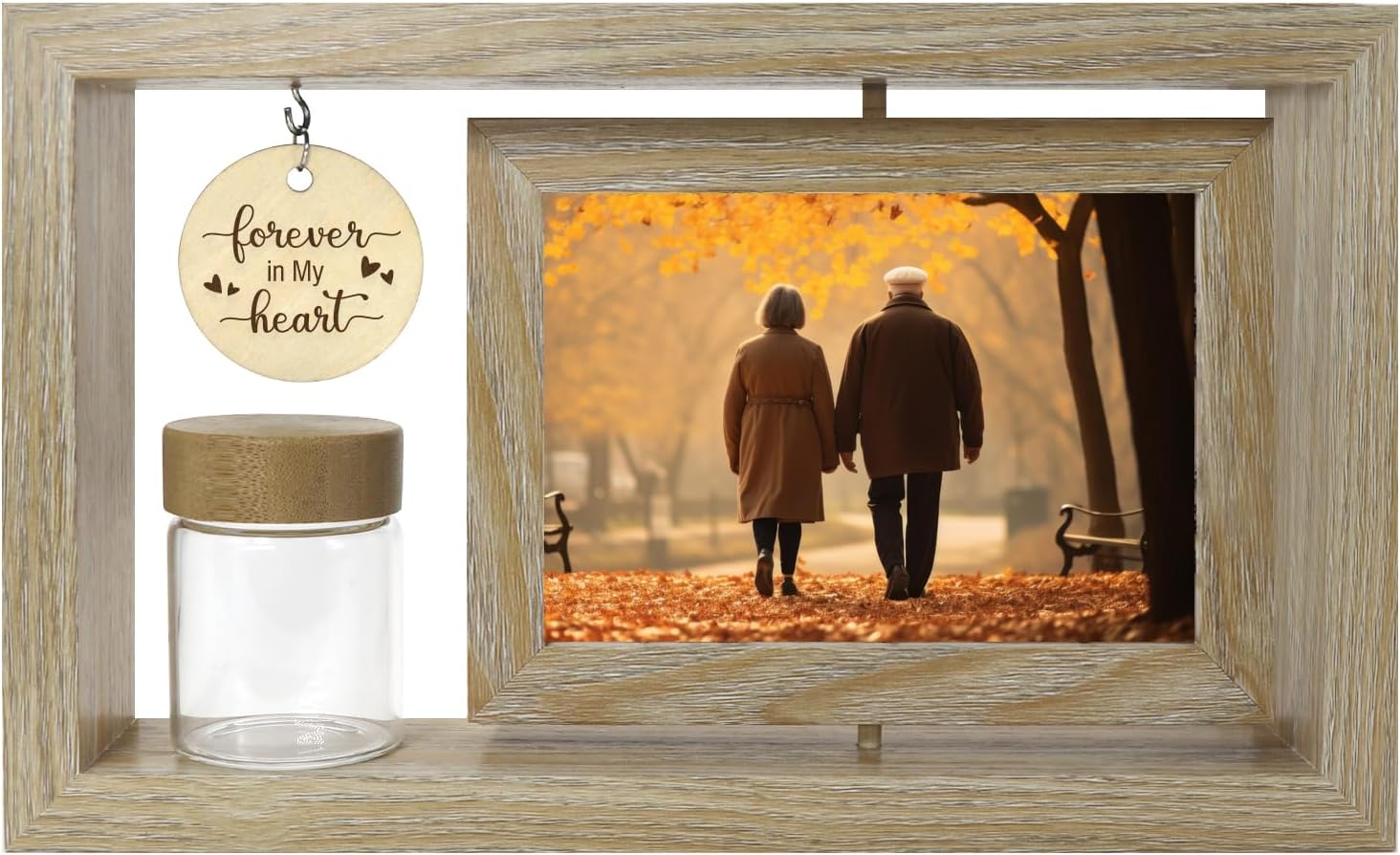 Custom Memorial Photo Frame for Loved Ones - Two 4x6 Inch Pictures with Included Glass Keepsake Jar for Hair, Ashes, or Mementos - Elegant Tribute Gift for Loss, Funeral, or Remembrance (wood1)