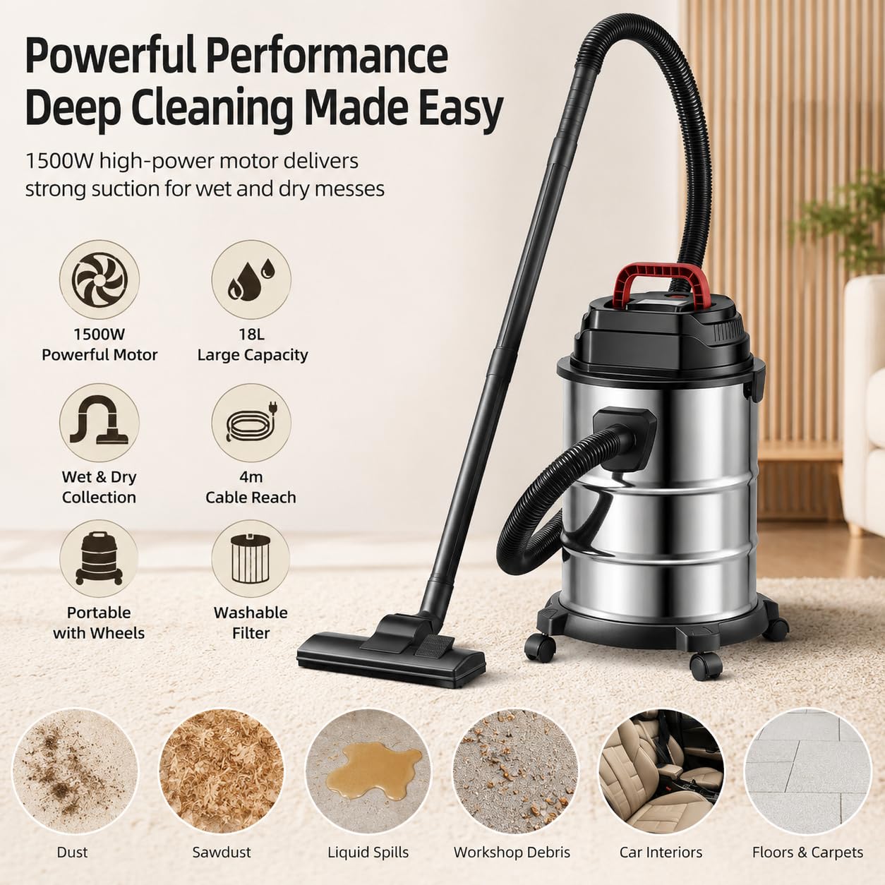 Aspiradora en húmedo y en seco, 18 L, 1500W, Cable de 4 m