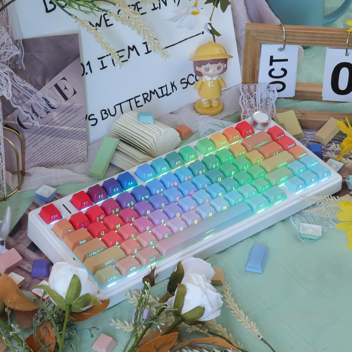 JOMKIZ Rhapsody PBT Keycap Set, Cherry Profile, Side Print Shine Through Keycaps, Dye-Sublimation Printed for Cherry MX Magnetic Switches 60 65 75 100 Percent Mechanical Keyboard