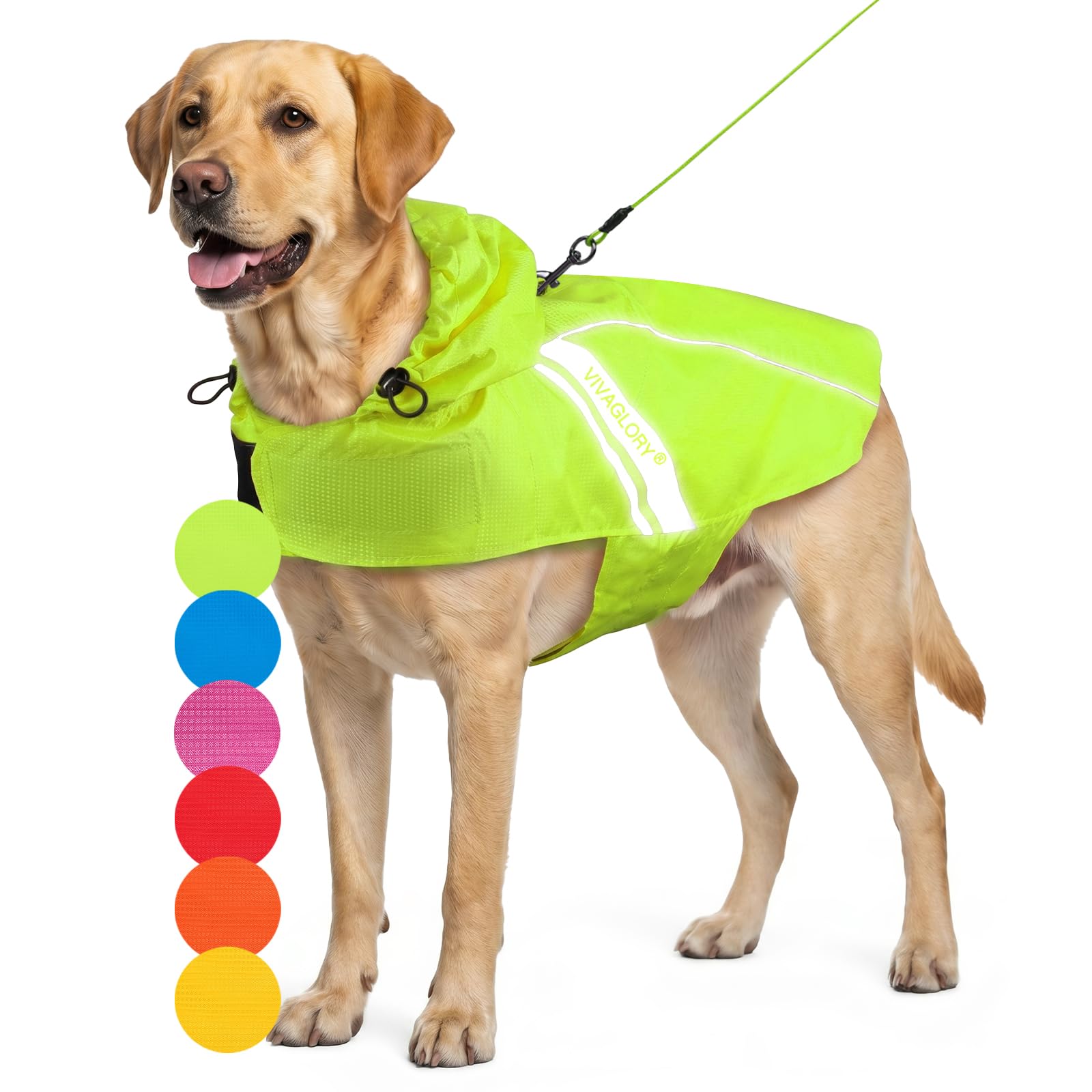 VIVAGLORY Impermeable para Perros Grandes, Fácil de Poner y Quitar, Ropa Reflectante, Ligera y Transpirable, Chaleco de Seguridad, Amarillo Brillante | Chaqueta impermeable con capucha y agujero para arnés, impermeable y ligera para cachorros, perros y ma