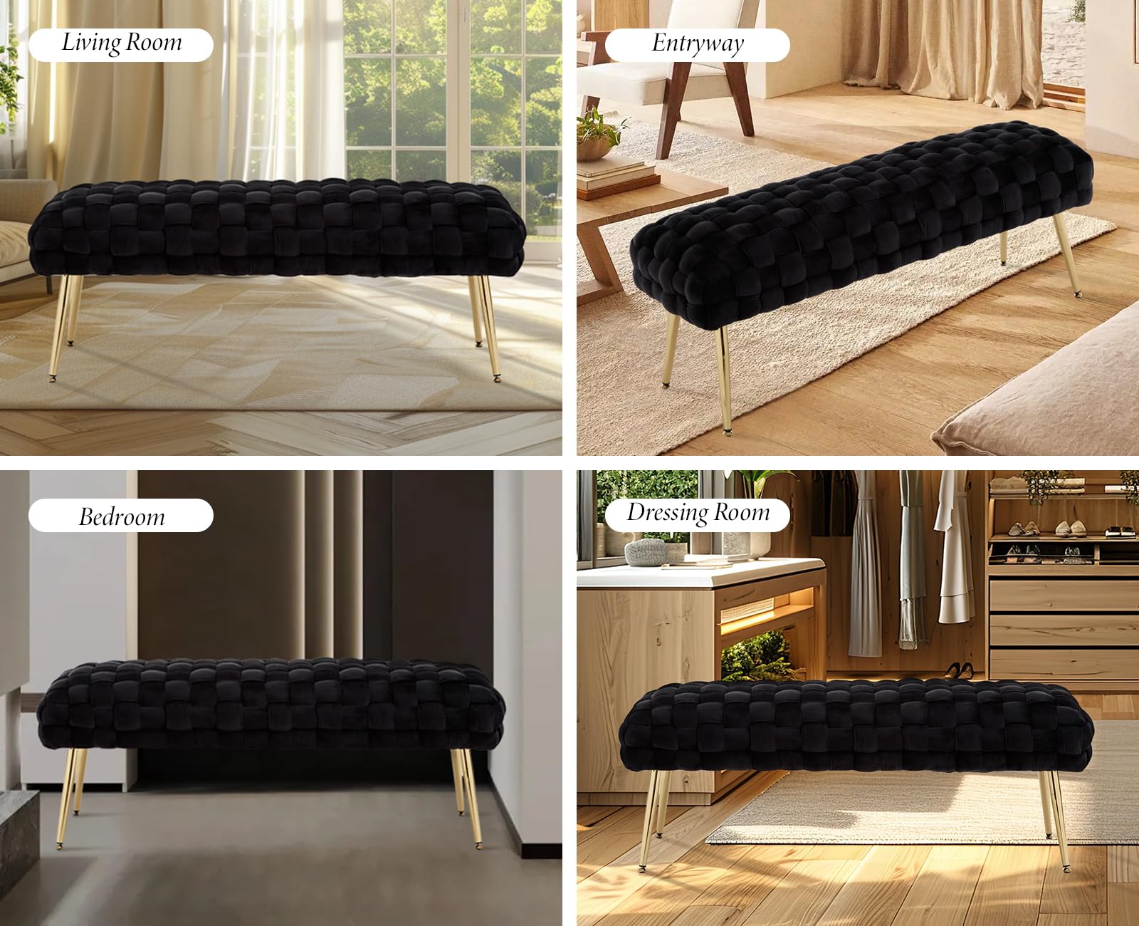 Wahson Banco Asiento de Cama de Terciopelo Banco Entrada de Recibidor con Patas Doradas,Banco Otomano Pie de Cama Moderno Banco Vestidor Elegante para Dormitorio/Salón,Negro