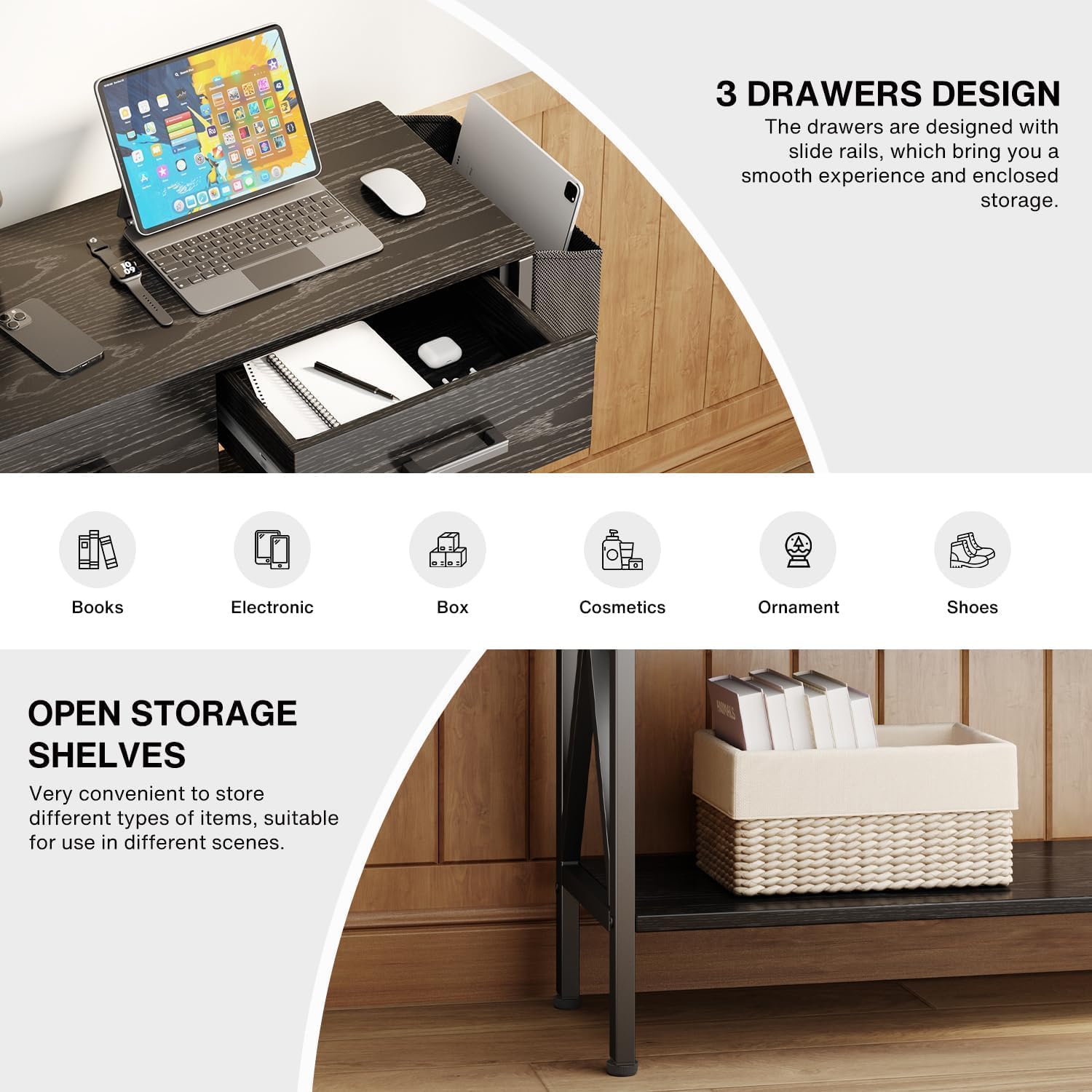 Close-up view of the Gizoon entryway table's three drawers and open storage shelves, highlighting their functionality.