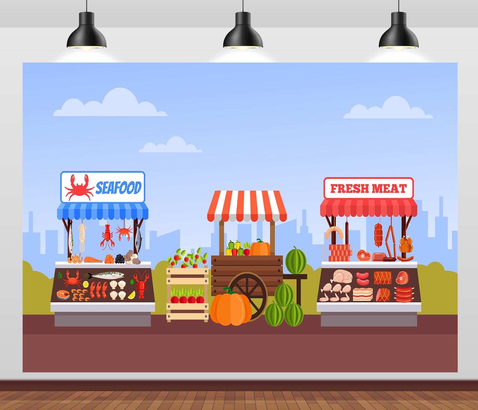 BELECO 3.6x2.5m Sfondo Tessuto Mercato-Cibo-Strada | Mercato contadino, frutta, verdura, banchi carne pesce sfondo, decorazione festa mercato agricolo telo di sfondo