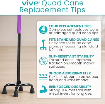 Vive Quad Cane Tips - Heavy Duty 1/2 inch Replacement Rubber Foot - Black
