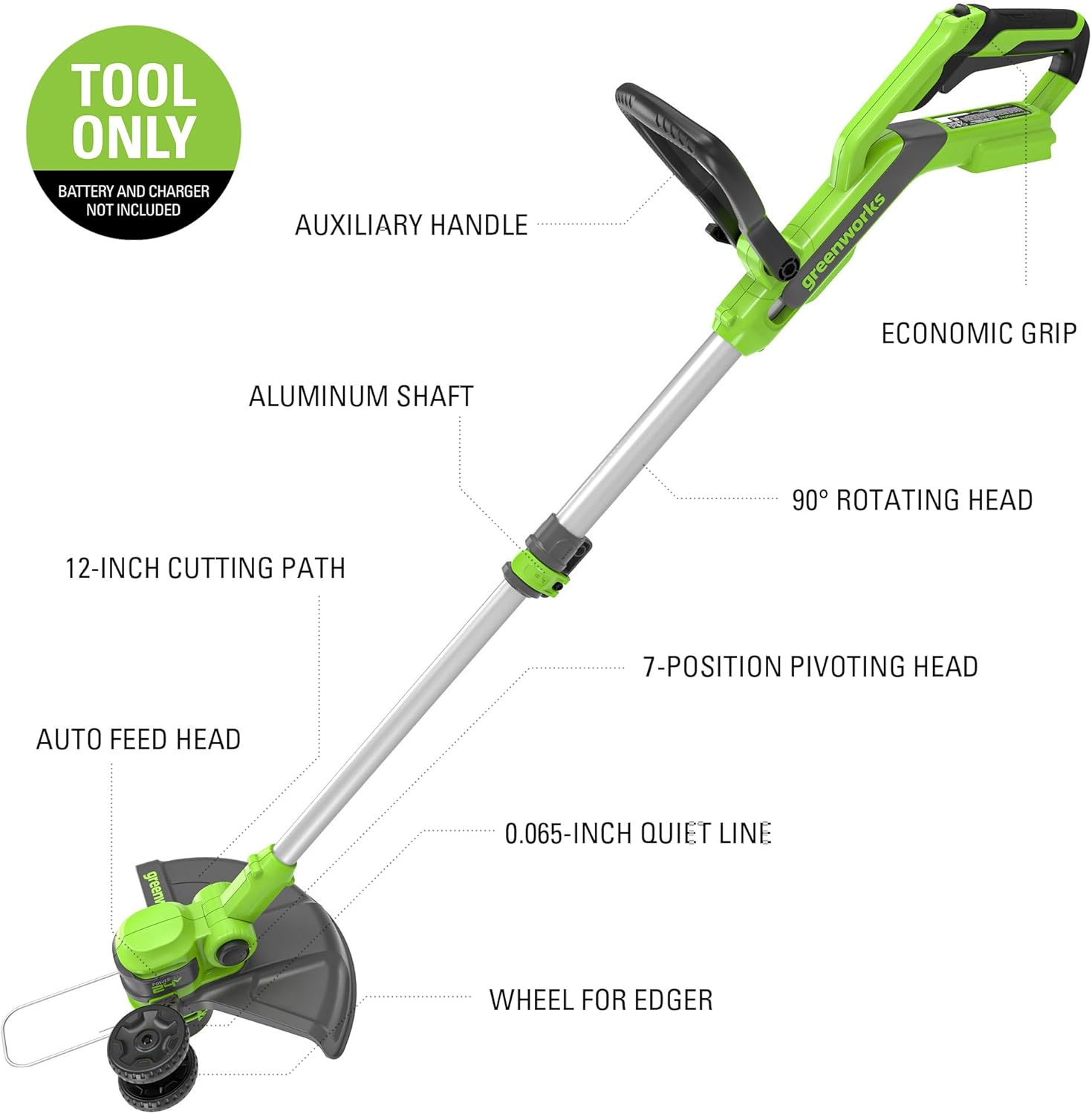 greenworks 24v 12-inch cordless string trimmer/edger (gen 2), battery and charger not included
