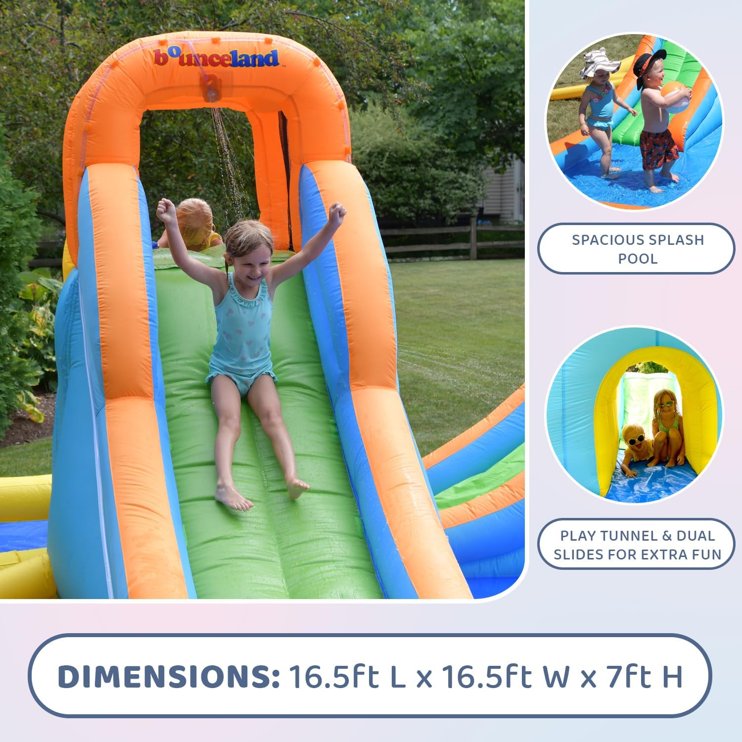 Bounceland Inflatable Cascade Water Slide with Large Pool, Two Water Slides, Water Sprayer for Splashing, UL Strong Blower Included, 16.5 ft x 16.5 ft x 7 ft H, Summer Party Must Have