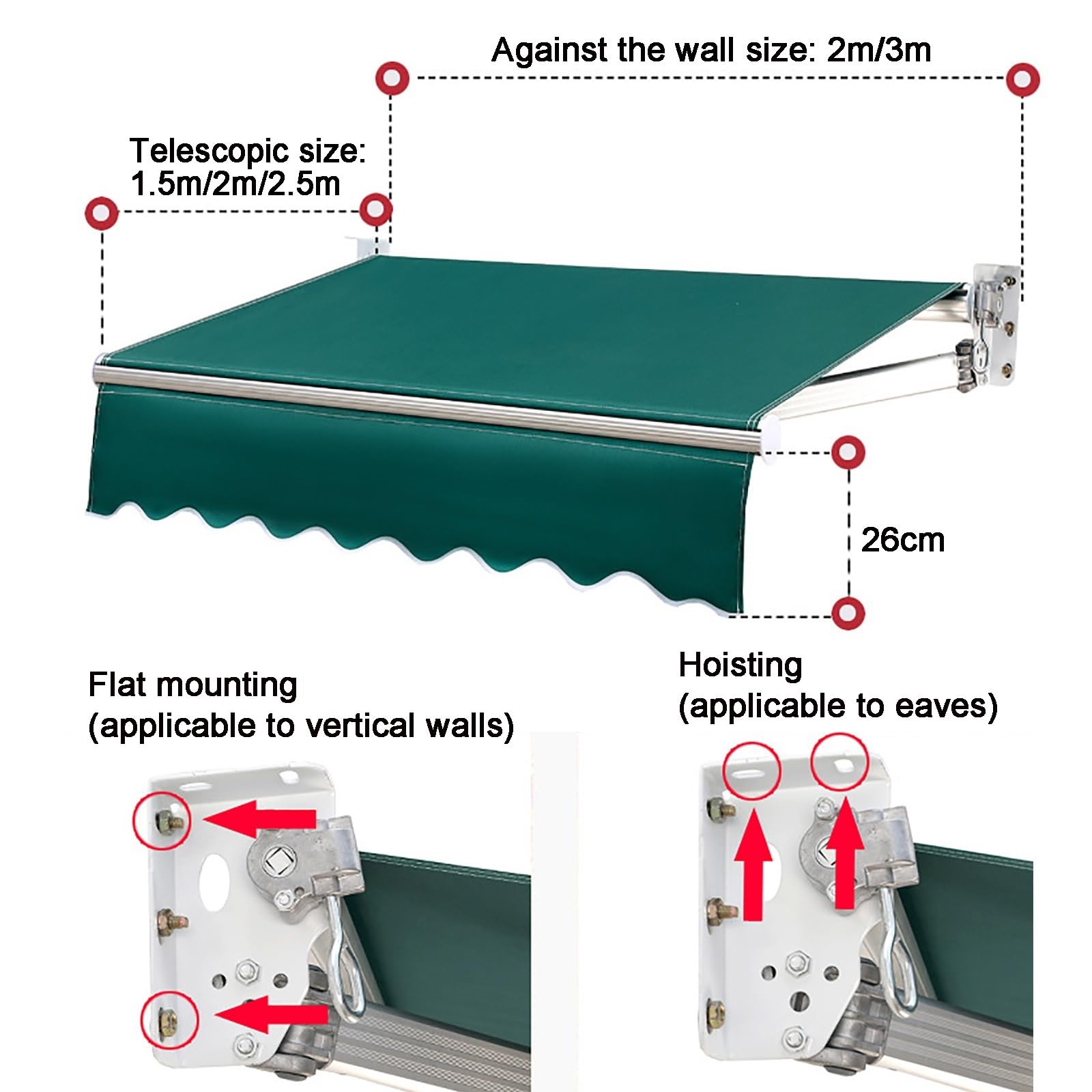 Tenda da Giardino Retrattile, Tenda Manuale Pieghevole, Tettoia Telescopica per Patio Esterno con Manovella, Poliestere Resistente all'Acqua per Cortile, Balcone, Negozio, Ristorante, Bar (col