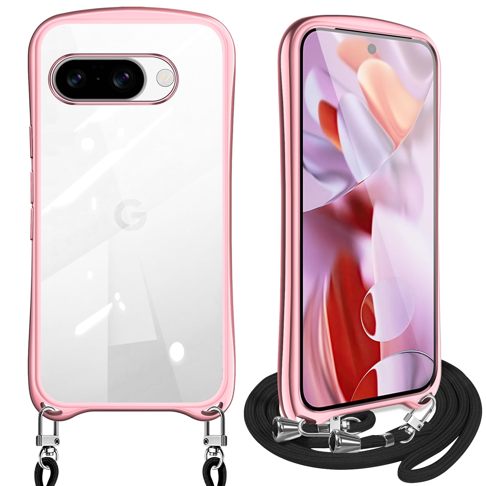 Guokaien Google Pixel 9a 用の ケース クリア ショルダー ピクセル 9a カバー スマホケース 耐衝撃 透明 TPU ストラップ付き 肩掛け 首掛け 紐付き 斜めがけ メッキ加工 取り外し可能 長さ調整可能(ローズゴールド)