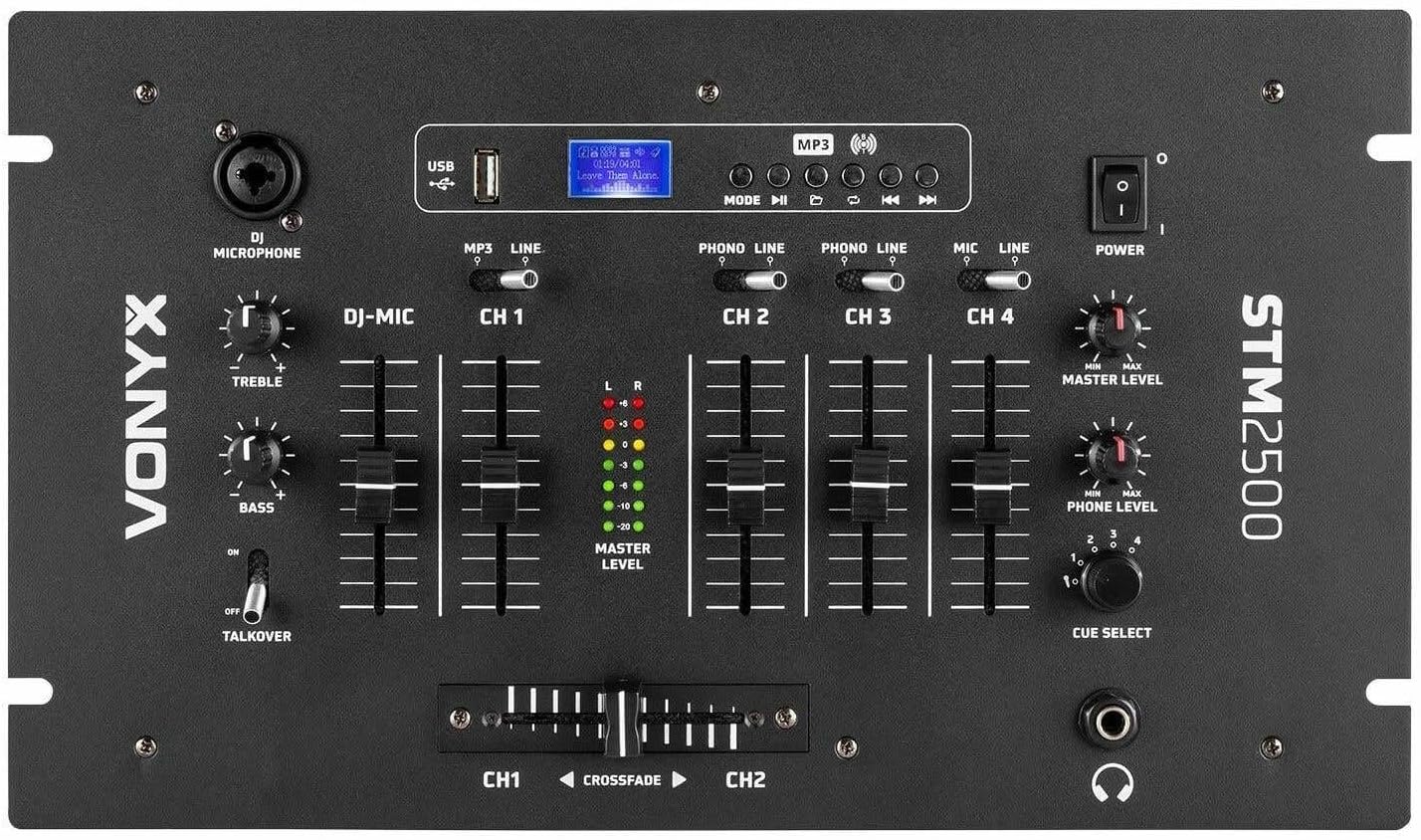 VONYX STM2500 5-Channel Bluetooth Mixer, USB MP3, 2 XLR Mic Inputs, RCA Phono/Line, EQ, Talkover, Headphone Jack