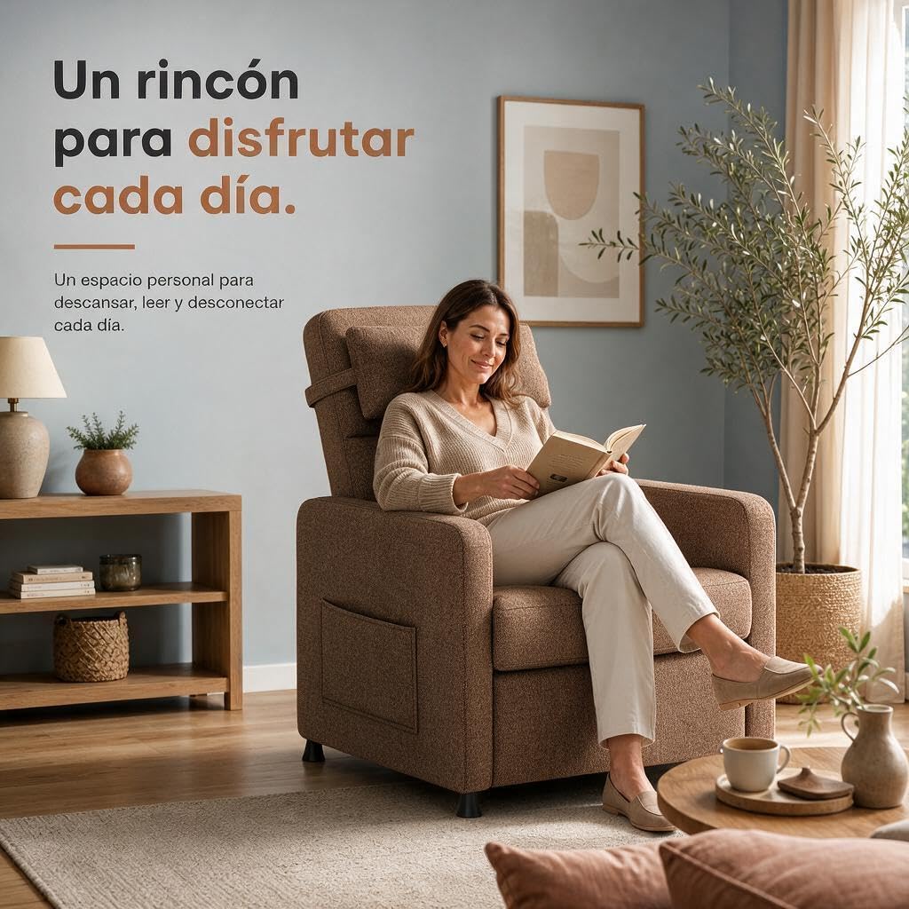 GarveeLife Sillón Relax eléctrico Masaje Calor Lino, 83x76x102 cm, Marrón | 4 puntos de masaje, calor lumbar, reclinación eléctrica 150°, mando con memoria, tejido lino y estructura de hierro en casa.
