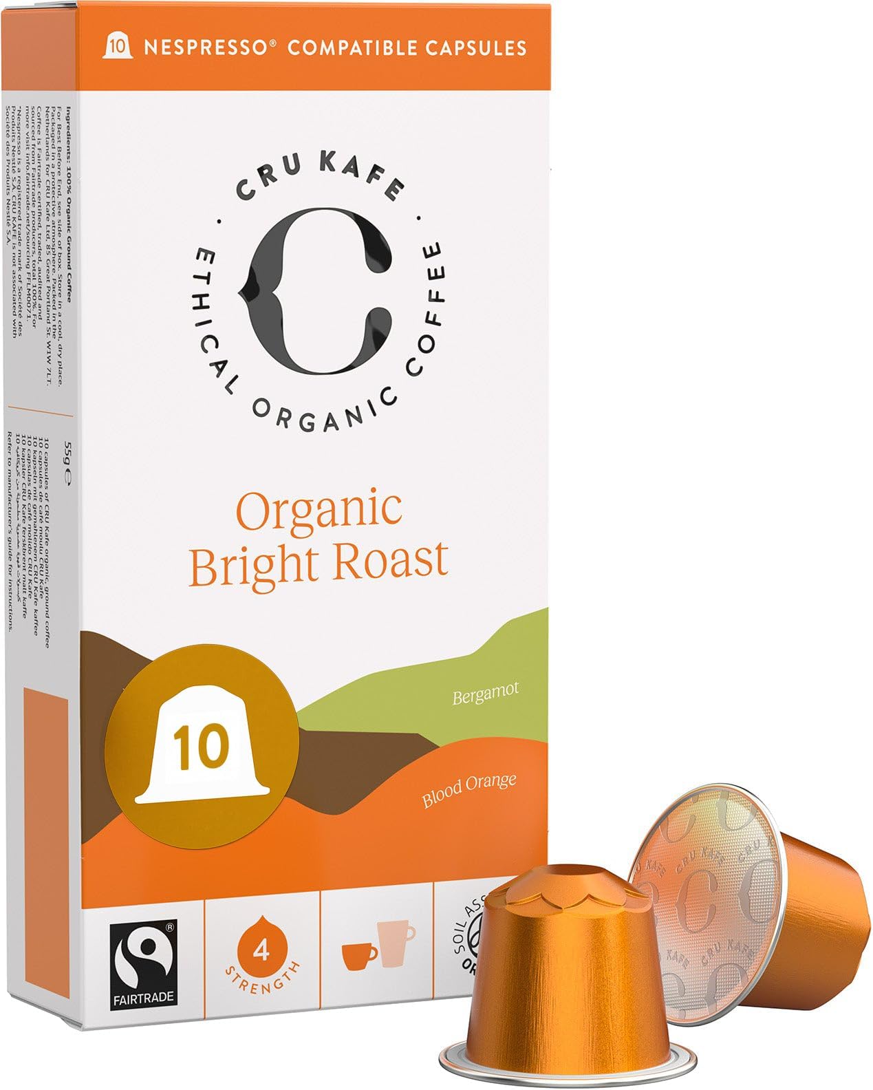 Cru Kafe Bright Roast USDA Organic Espresso Coffee Capsules (10 Pods) Fairtrade Coffee Pods Compatible with Nespresso Original Line and Pixie Machines