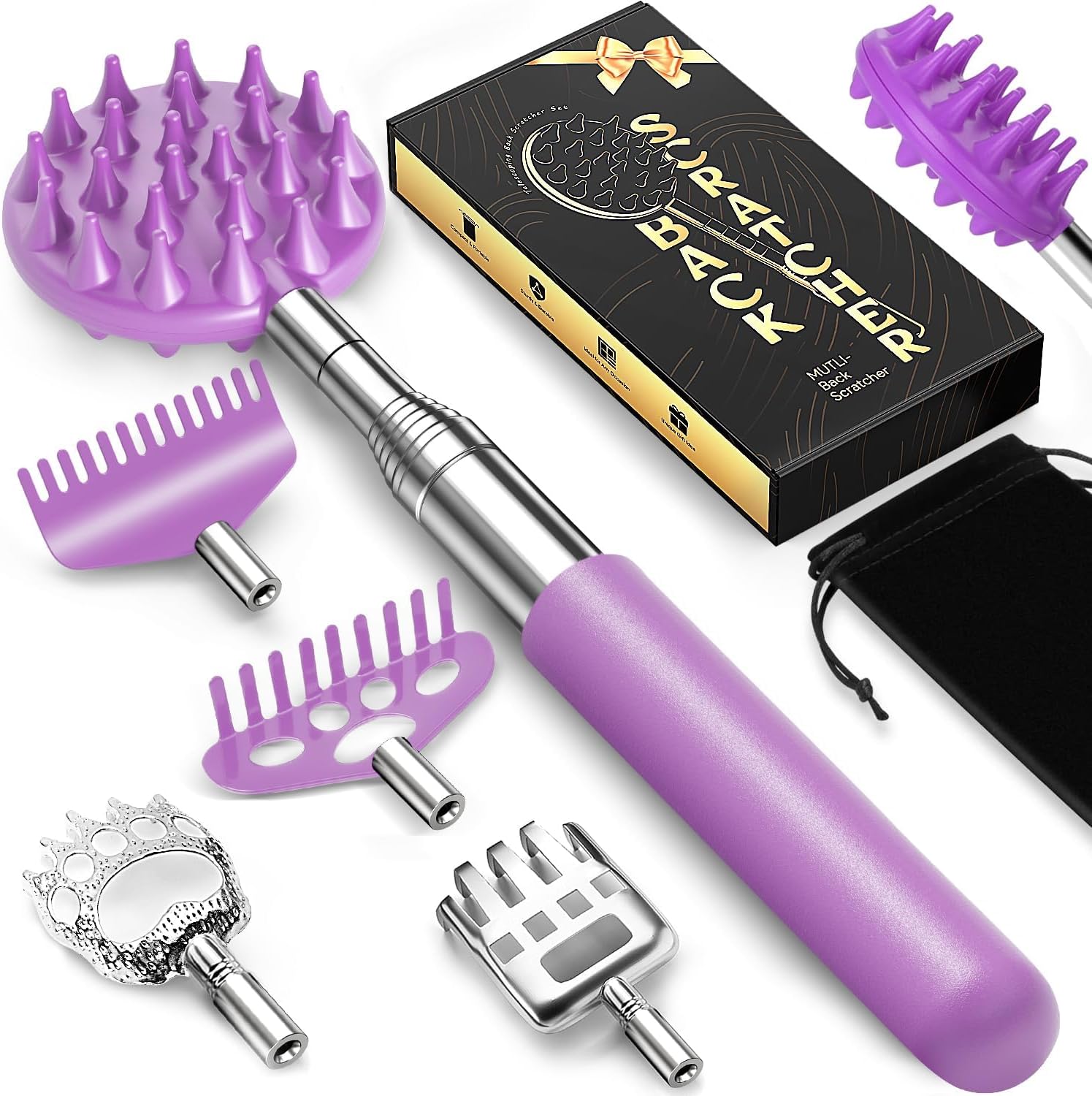 Telescoping Back Scratcher with 5 Detachable Heads, Gift for Men Purple