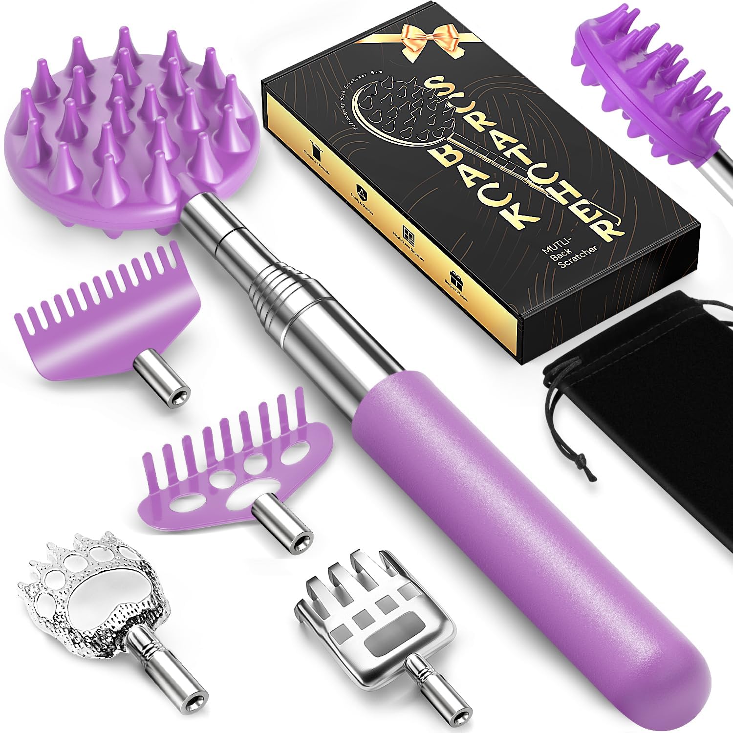 Telescoping Back Scratcher with 5 Detachable Heads, Gift for Men Purple