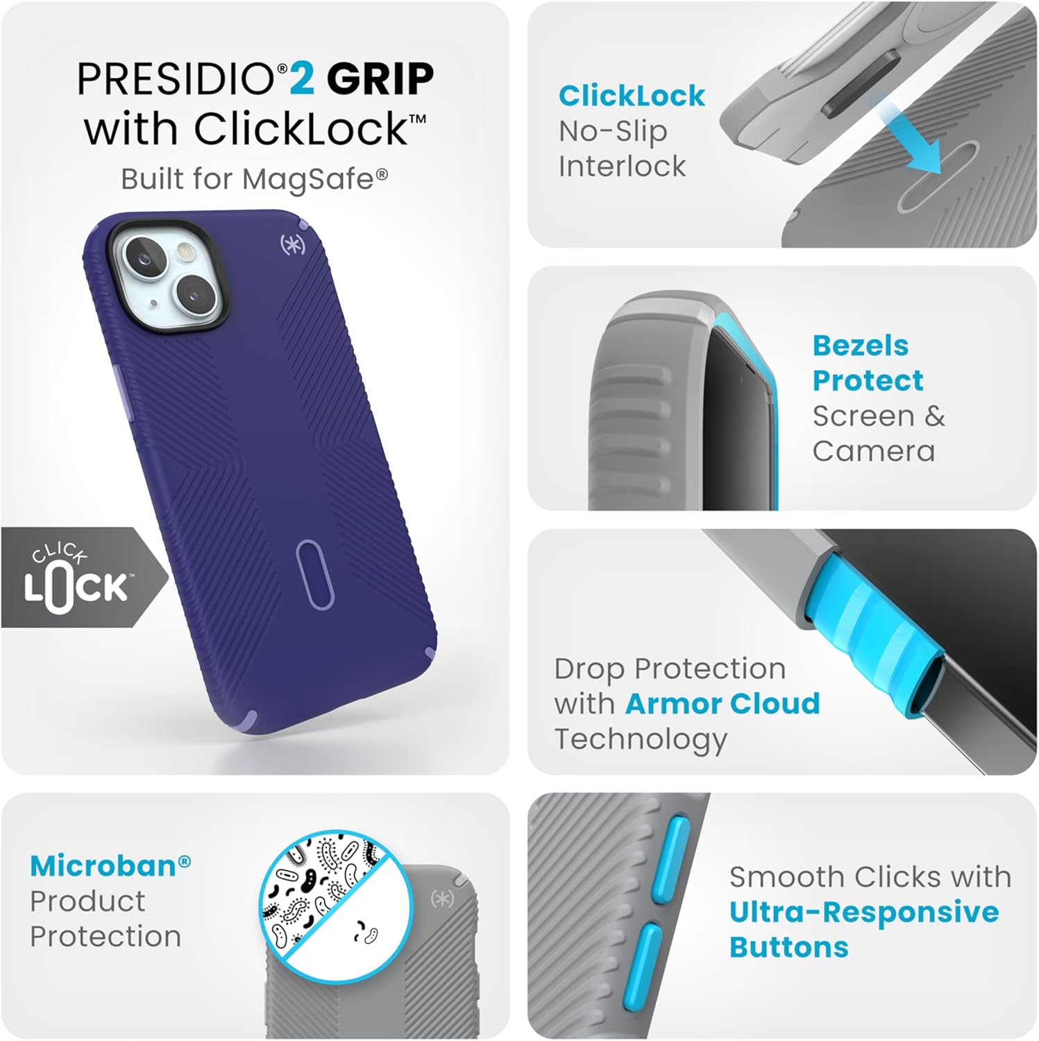 Speck iPhone 15 Plus Case - ClickLock No-Slip Interlock, MagSafe, Drop Protection Grip - for iPhone 15 Plus & iPhone 14 Plus - 6.7 Inch Phone Case - Presidio2 Grip Future Blue/Purple Ink/Sky Purple