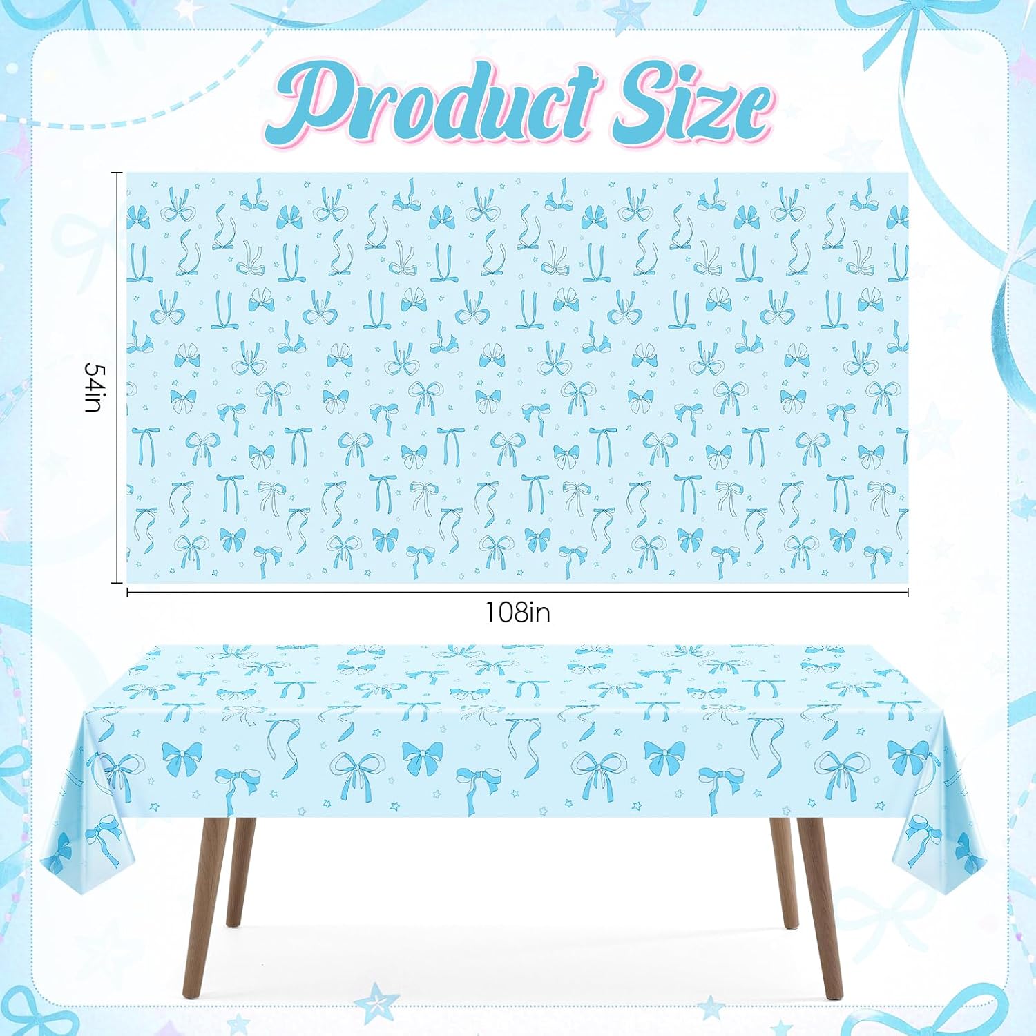 Just Shimmer 2 Pack Blue Bow Tablecloths, 54 x 108 Inch Disposable Table Covers for Birthday, Bridal, Baby Shower, and Bachelorette Parties – Coquette Theme Party Decorations image 3