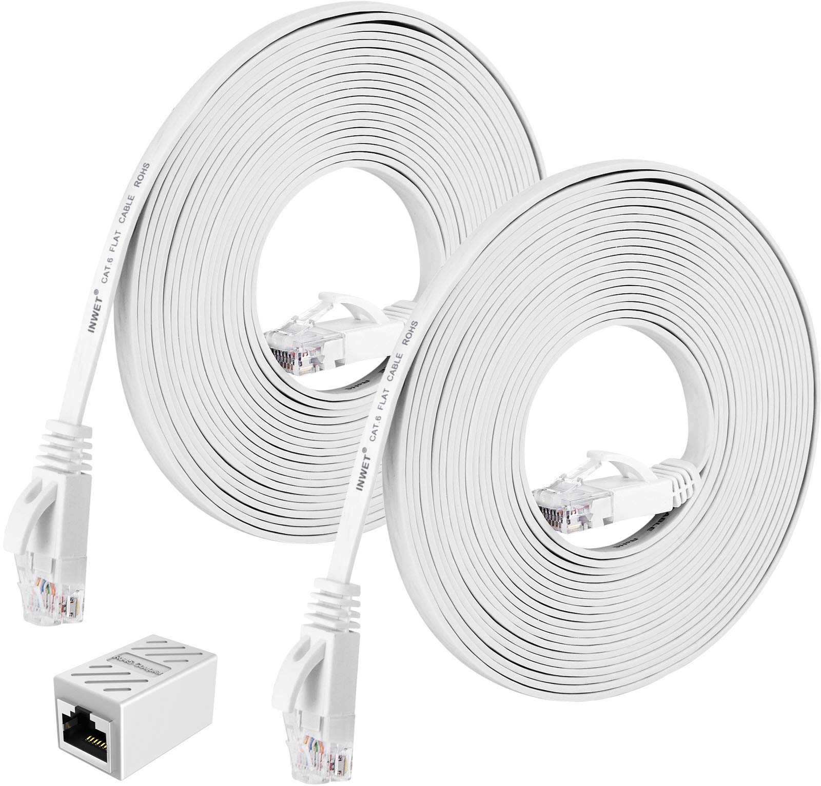 INWET Cat6 Ethernet Cable Flat Network Cable with Rj45 Connectors, High Speed Network LAN Cable with one RJ45 Coupler, for Computer,Router, Modem, PS4, Xbox one, Switch Boxes (3 Feet (2 Pack))