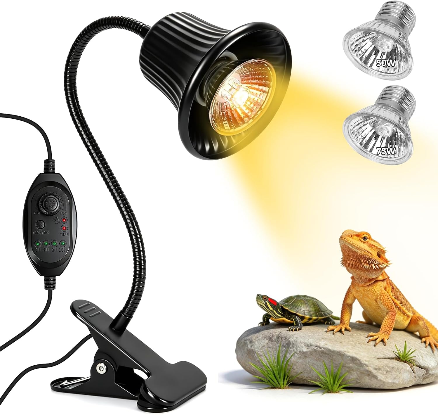 Reptile Heat Lamp, Upgraded Heating Lamp for Reptiles with UVA UVB,2H,4H,8H,10H Cycle Timing&Stepless Dimming Adjustment Basking Light for Turtle, Bearded Dragon, Lizard and More, 2 Bulbs