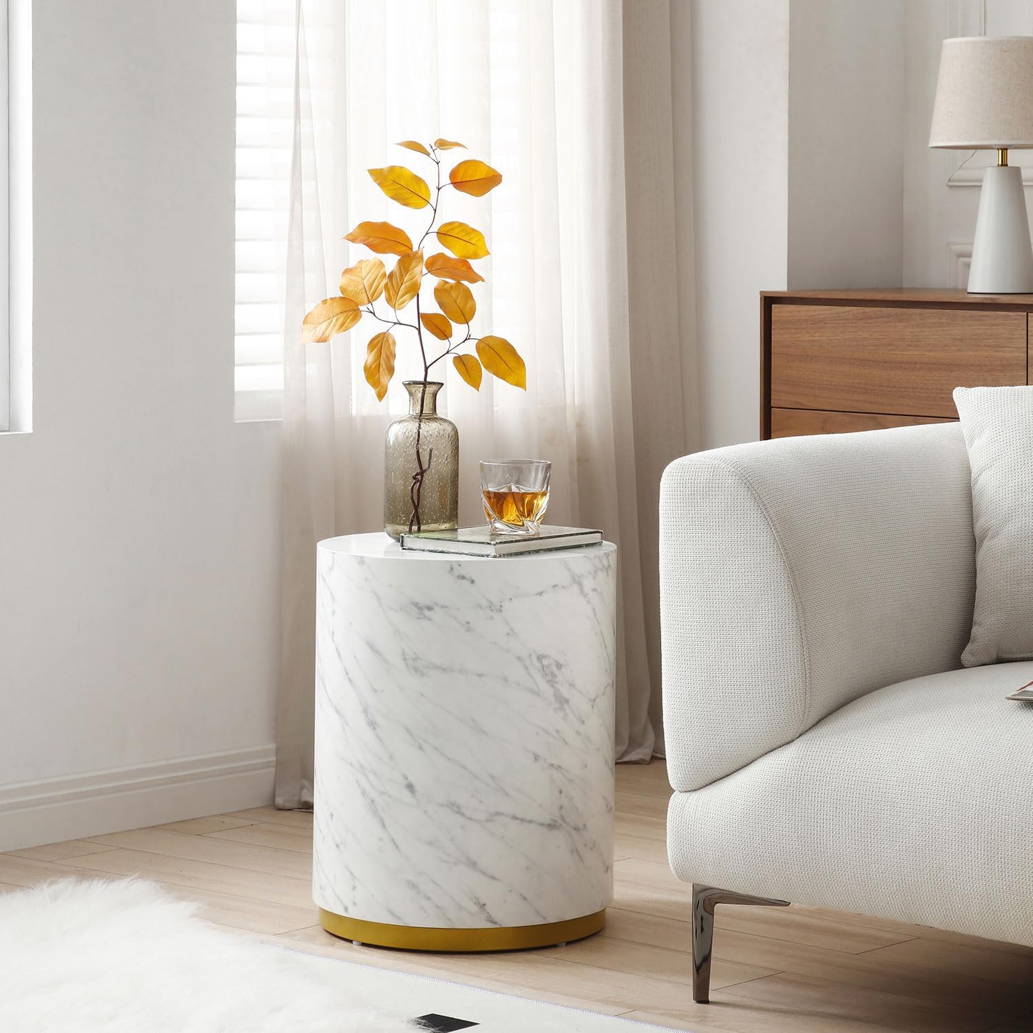 Round Side Table Faux Marble Circle Small Cofffee Table with Gold Rim Bottom Small Circle End Table for Living Room Bedroom-White (15.75 * 19.7inch)