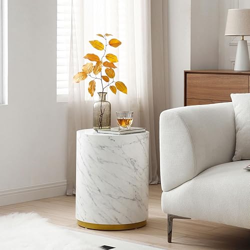 Modern Sofa Side Table,Mid Century White Marble Center Tea Table End Table with Texture Design,Wooden Cylindrical Coffee Table Nightstand with Gold Metal Base Accent Furniture,Full Assembled